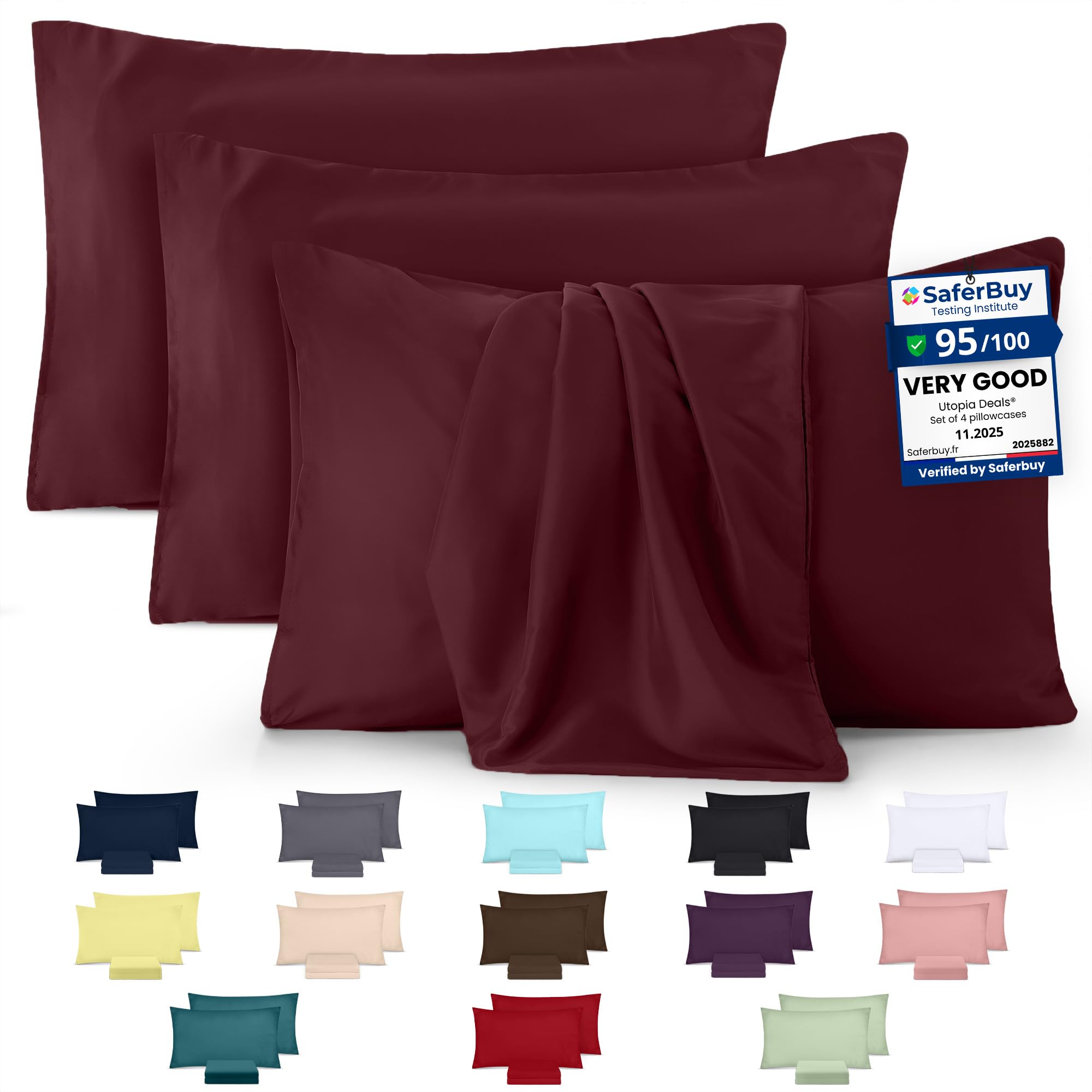 Utopia Bedding - 4 Pack Pillow Cases - OEKO-TEX - Standard Size 50x75 cm - 100% Brushed Microfiber Pillowcases with Envelope Closure, pillows not included - Wrinkle, Fade, & Stain Resistant - Burgundy