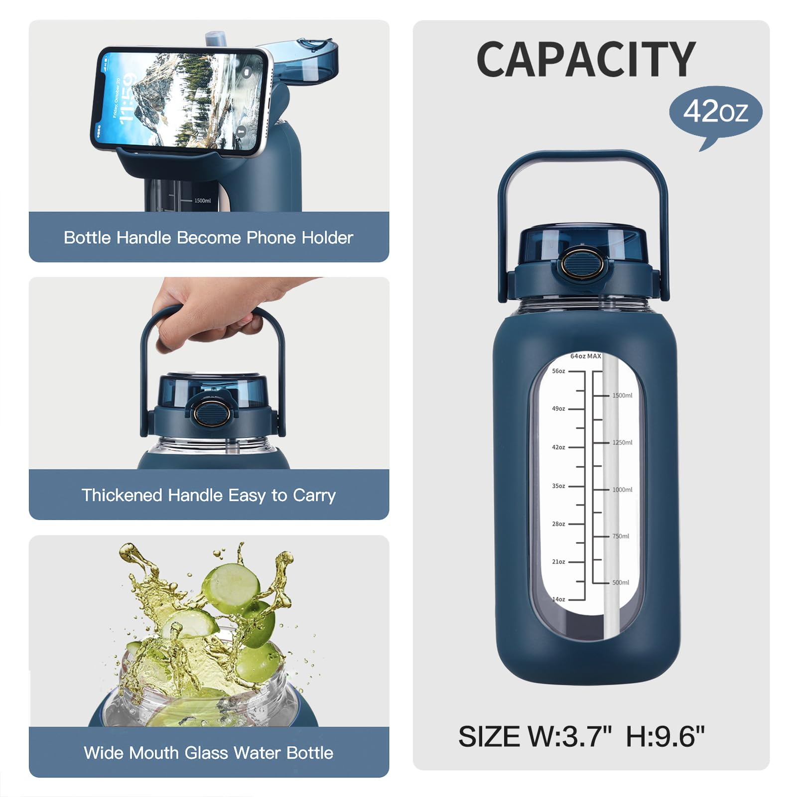 Chunmo Glass Water Bottle With Straw & Time Marker - 52oz Half Gallon Motivational Bottle, BPA Free With Silicone Sleeve