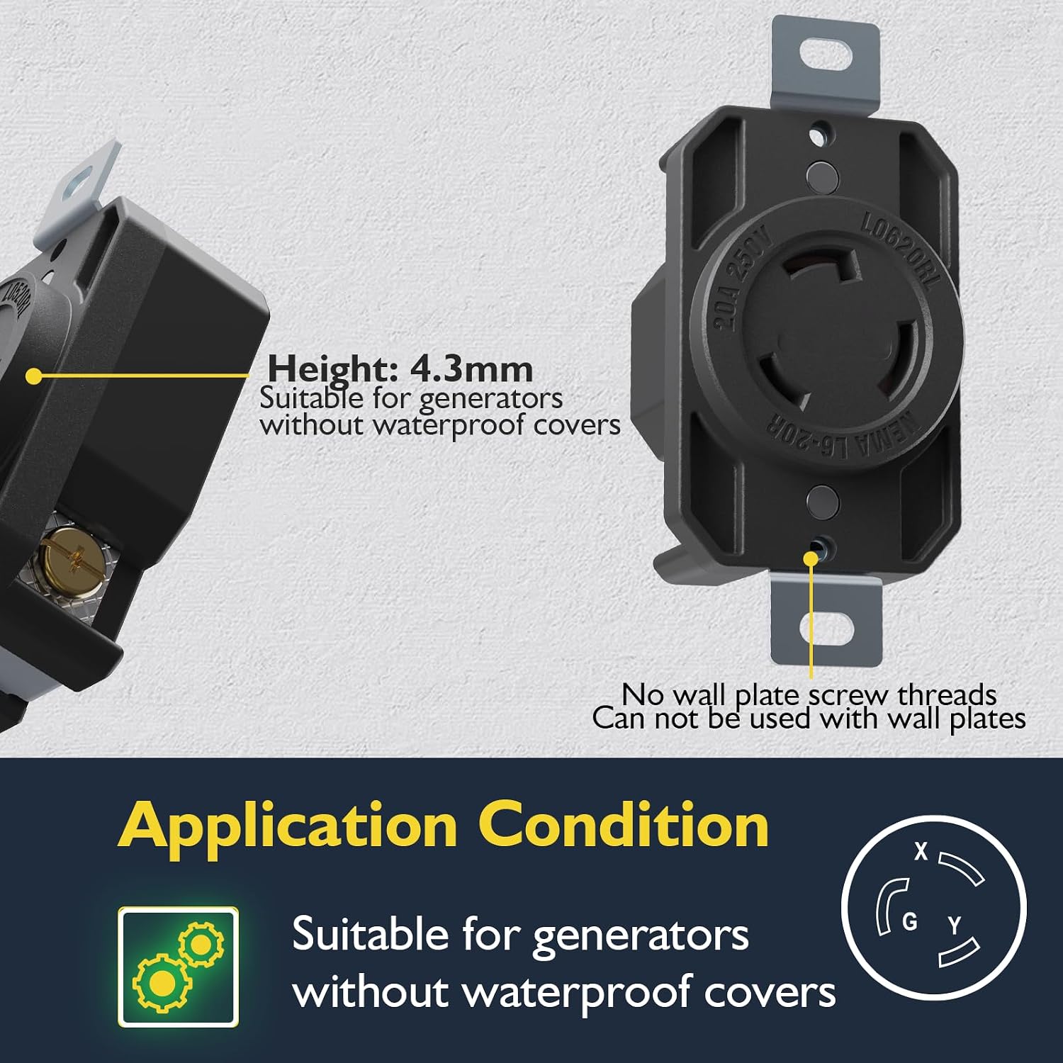 5 Pack NEMA L6‑20R Flush Mounting Locking Receptacle— 20 Amp Twist Lock L6‑20 Outlet , 2-Pole 3-Wire 250V L6‑20R Plug Compatible, Industrial L6 20R Receptacle, UL Listed E309821
