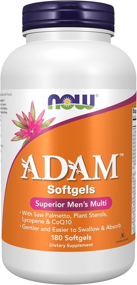 Suplementos de NOW Foods, multivitamínico para hombres ADAM™ con palma enana americana, esteroles vegetales, licopeno y CoQ10, 180 cápsulas blandas