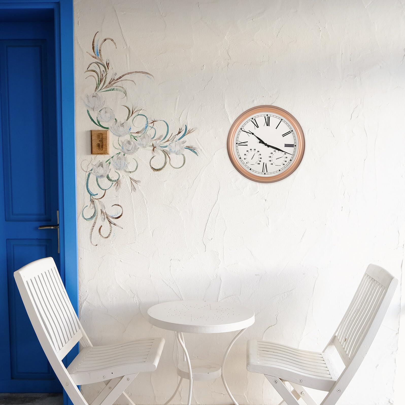 Supvox Gartenuhr für Draußen mit Thermometer und Hygrometer Römische Ziffernanzeige Wetterfeste Außenuhr Ip44 aus Kunststoff und Glas Garten Wanddeko für Sommerliche Atmosphäre