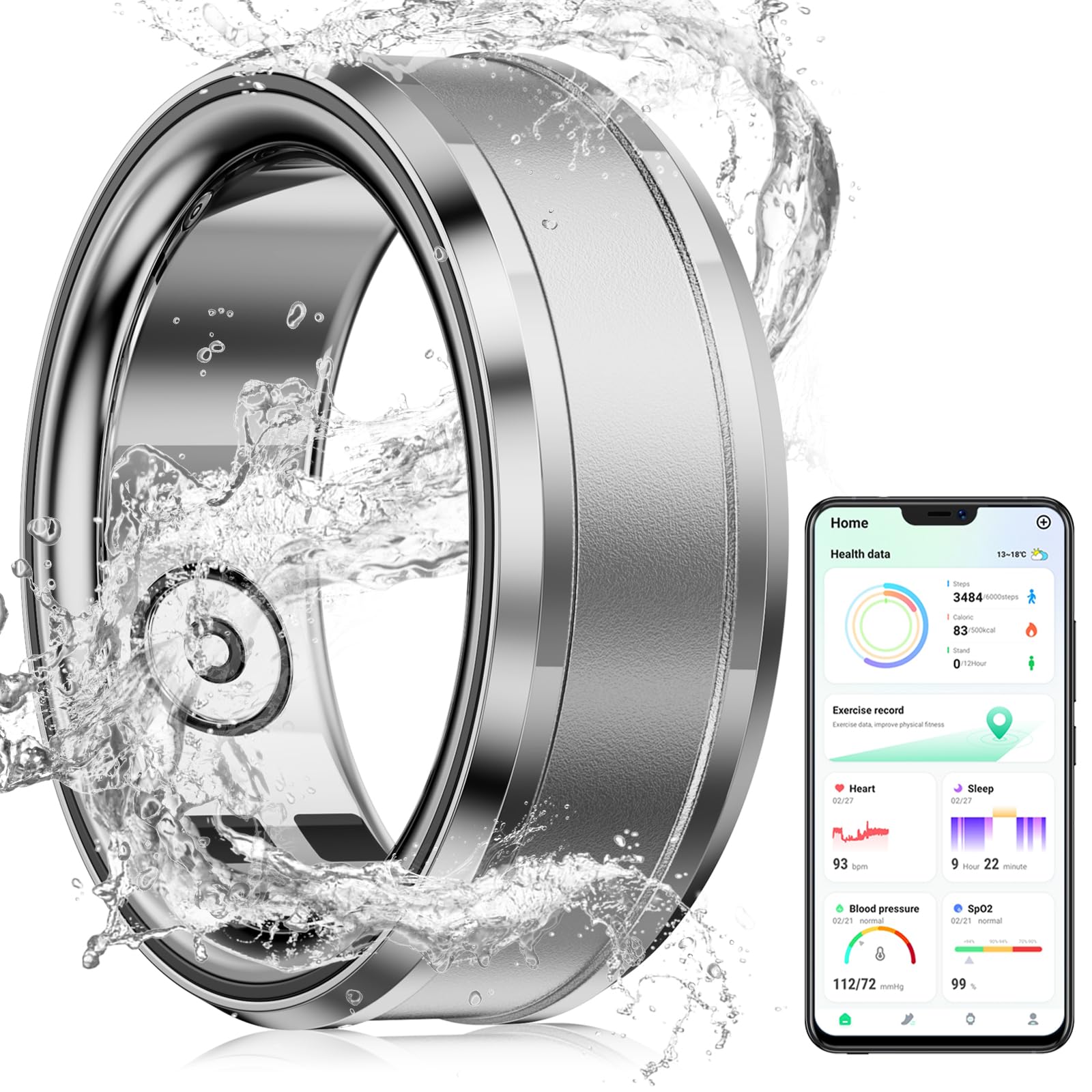 Smart Ring for Men Bluetooth IP68 Waterproof Fitness Tracker, Sleep & Step & Health Monitoring, Stylish Sport Smart Rings for Men iOS and Android Silver US10