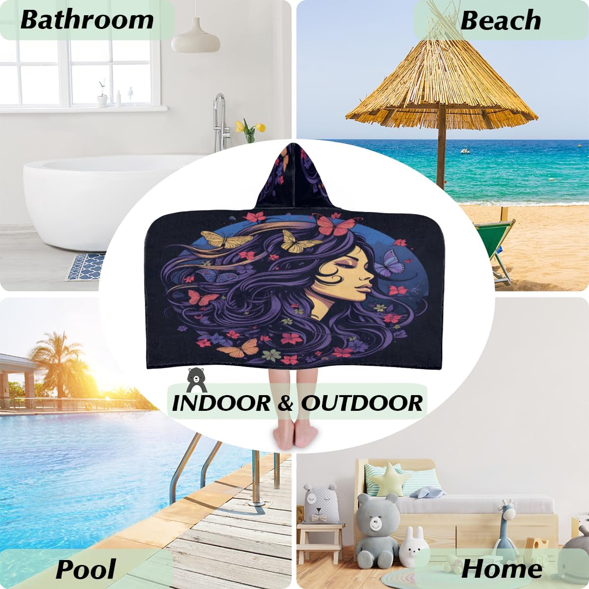 Pardick Kids Bath Towel Butterfly Girls Beach Towel with Hood Pool Cover Up for Girls Boys Soft Absorbent Hooded Bath Towel Toddler Towels for Beach, Pool