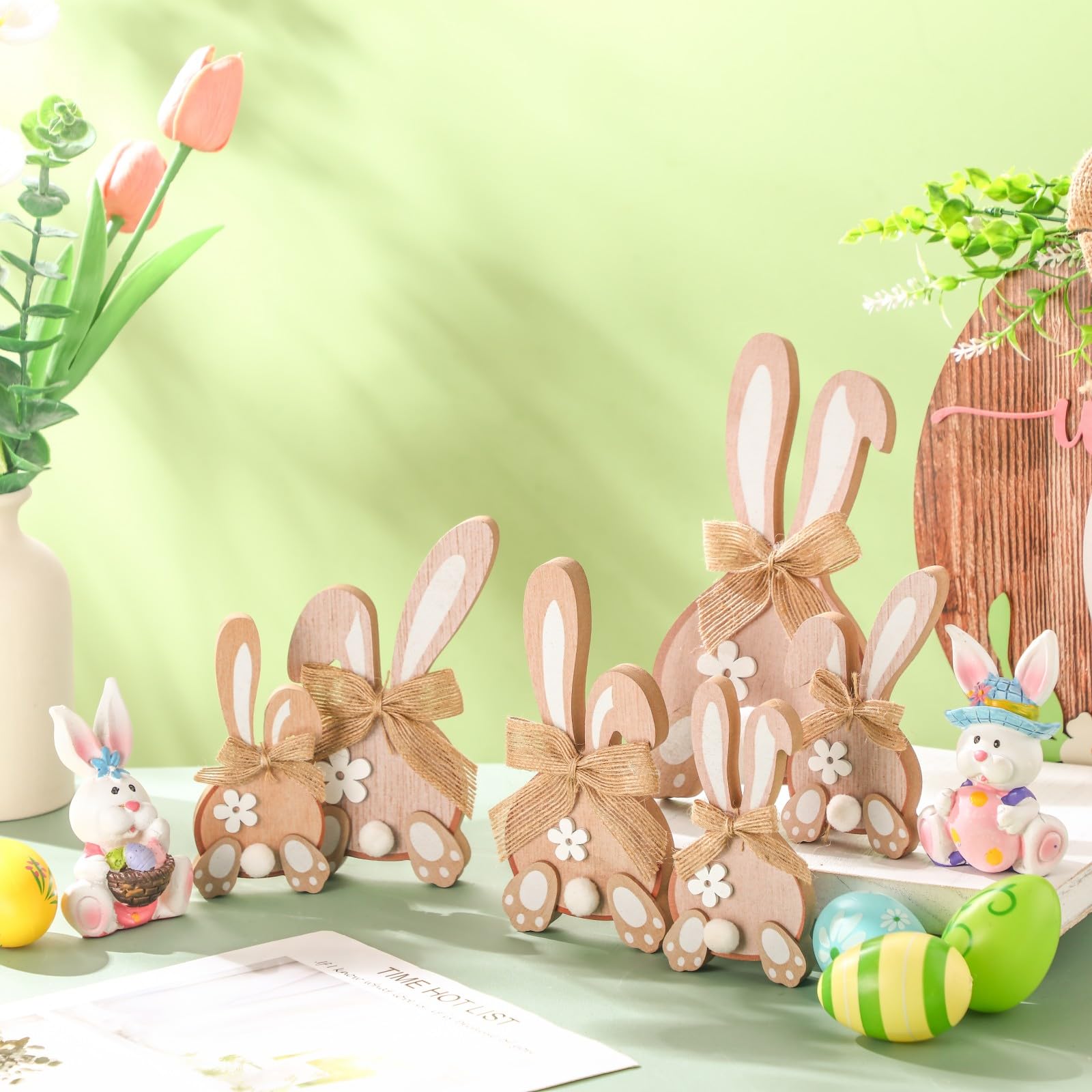 6 Pcs Easter Decor Rustic Wooden Bunny with Cute Pom Tail and Bow Table ...