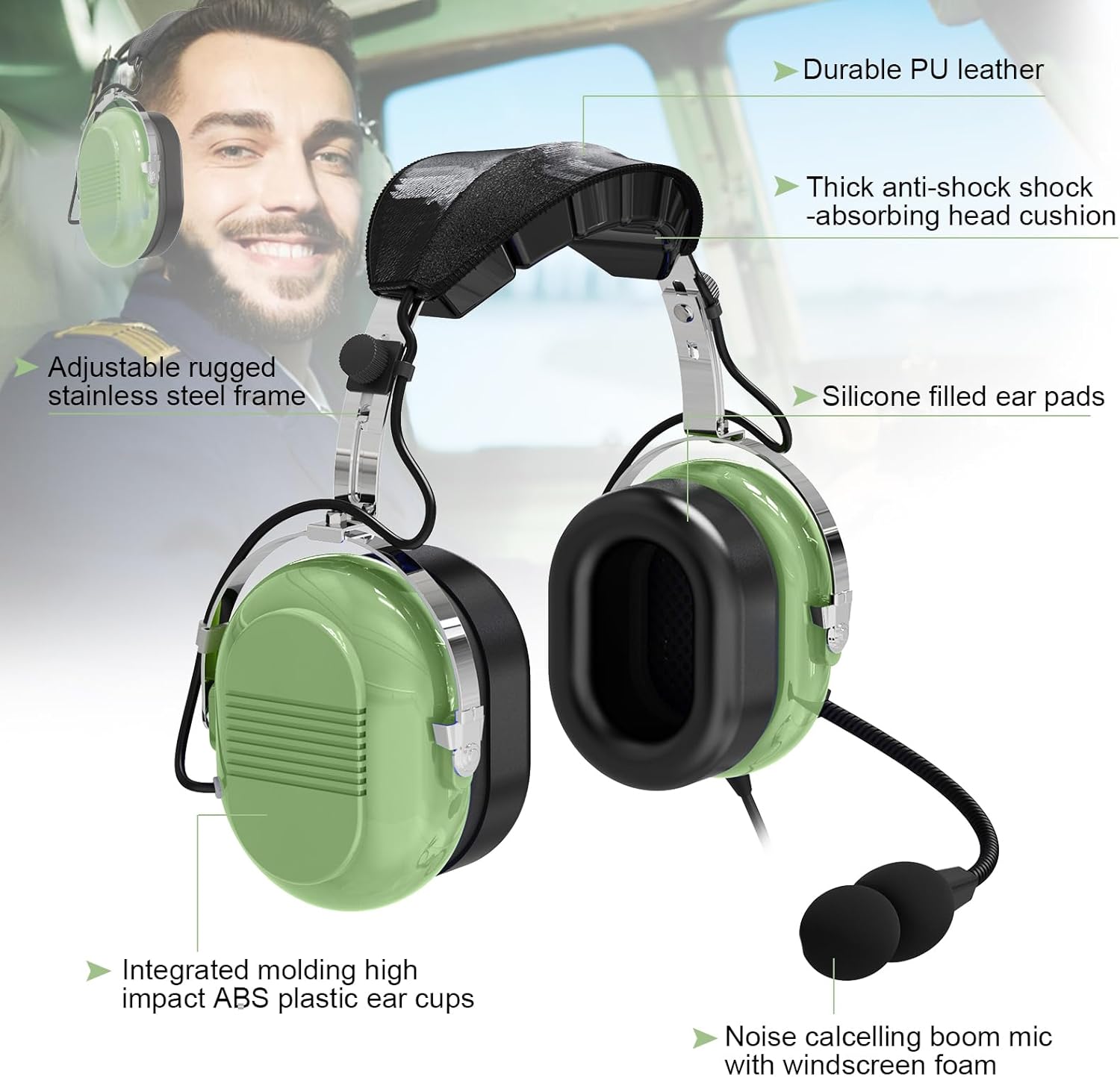 Aviation Pilot Headset Airplane Headphones Noise Cancelling Pilot Headphone with Mic NRR 24dB Anti-Noise Microphone U174 Twin Plug(Light Green)