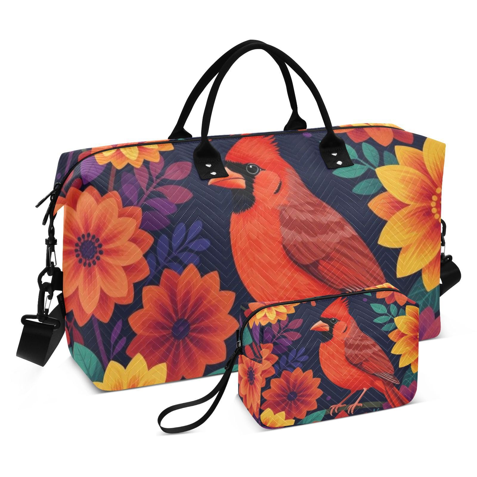 Reisetaschen-Set, zweiteilig, gesteppt, mehrere Taschen, stilvoll, kurze Reise, Floral Redbird, One Size, Klassisch