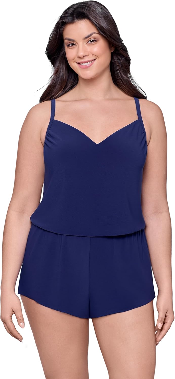 Aqua Green Women's V-Neck Blouson Slimming Swim Romper with Pocket