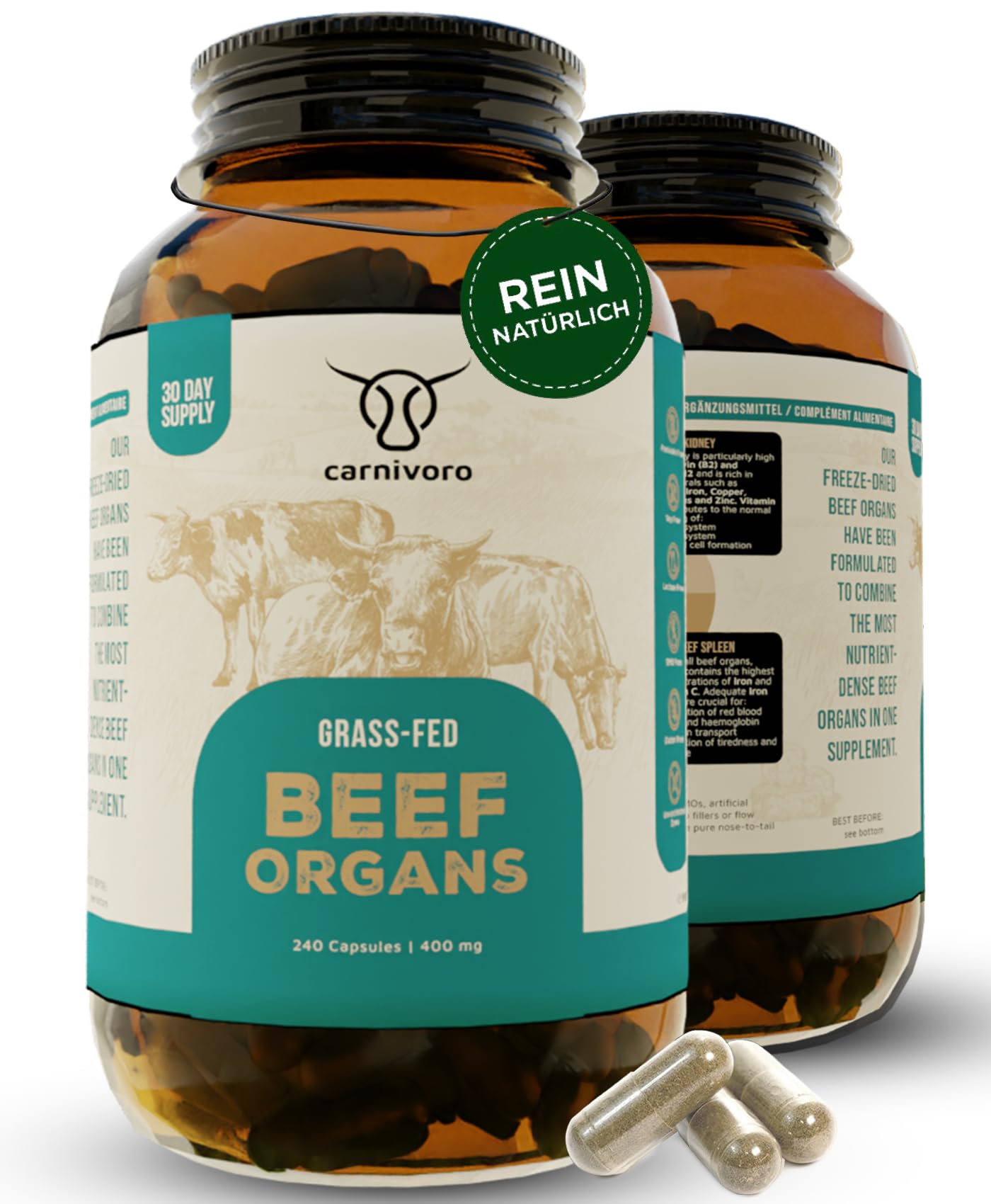 Carnivoro - Multivitamin - Grass Fed Beef Organs - Organ Mix 240 Kapseln - 30 Tage Packung - Superfood - Natürliches Eisen, Vitamin A, Vitamin B12, B2, B3, B5, Folat, Kupfer - Keto - Paleo