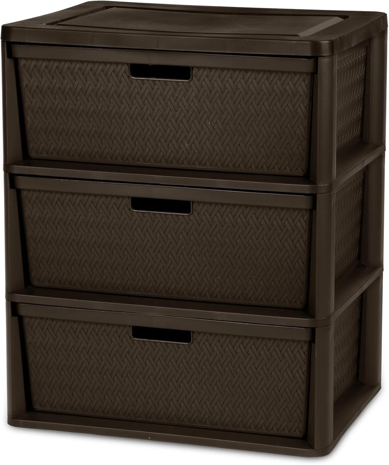 Brown Plastic Storage Tower, Wide 3-Drawer Organizer with Removable Decorative Bins, Tool-Free Easy Assembly