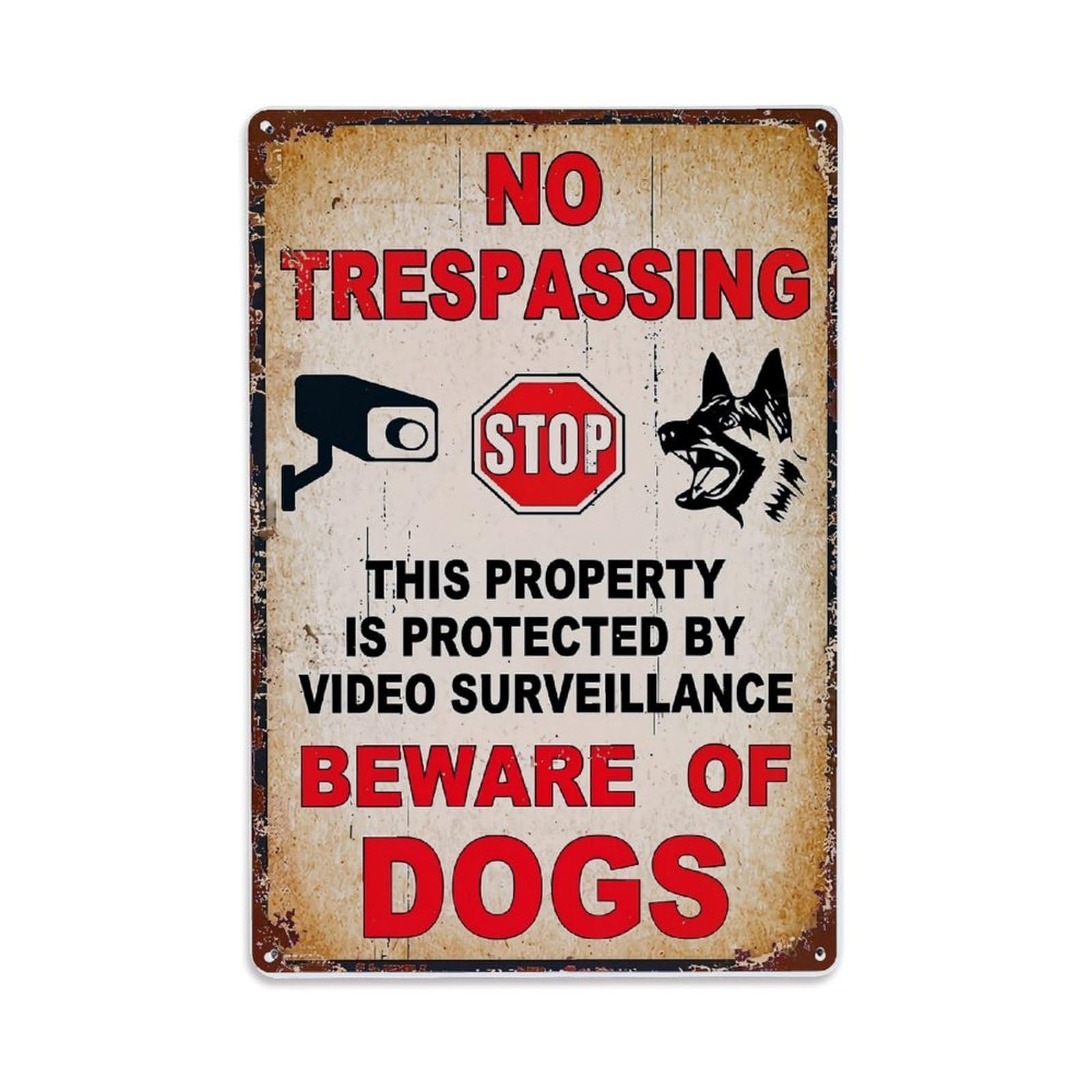 Jdfenggu Vintage No Trespassing Stop Sign Dog Warning Retro Metal Tin Sign, Decor Art Poster For Bar, Home, Man Cave, Kitchen, Laundry Room Gift 8X12inch