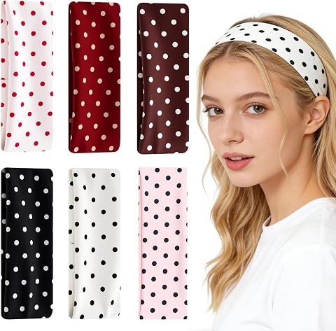 Asheyya 6 Pcs Polka Dot Headband, Soft Elastic Stretchy Headbands for Women Active Wear and Daily Fashion
