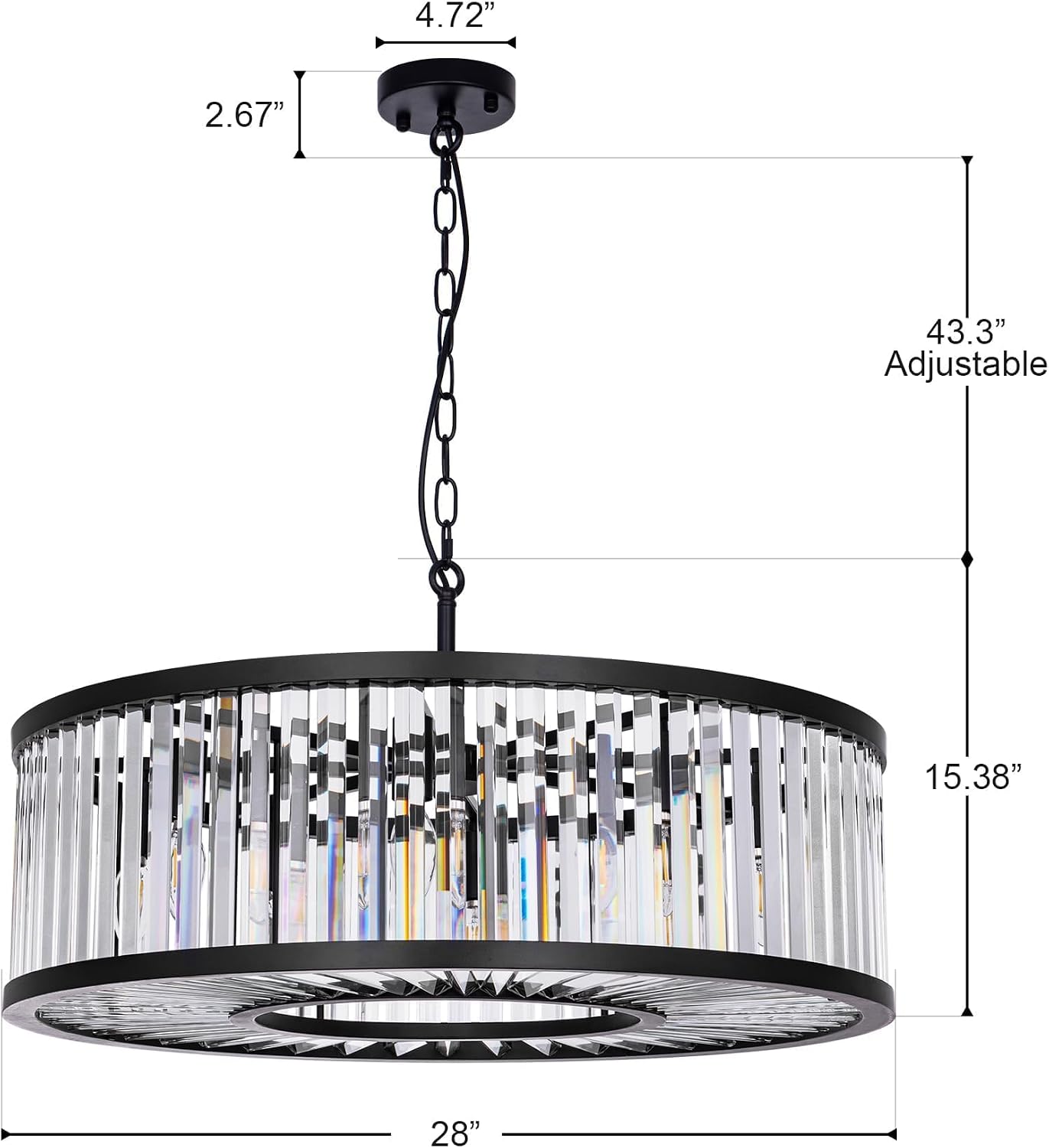 Wellmet 28" Black Drum Crystal Chandelier, 8 Lights Modern Farmhouse Chandeliers for Dining Room, Vintage Ceiling Light Fixture for Bedroom, Foyer, Living Room, Entryway
