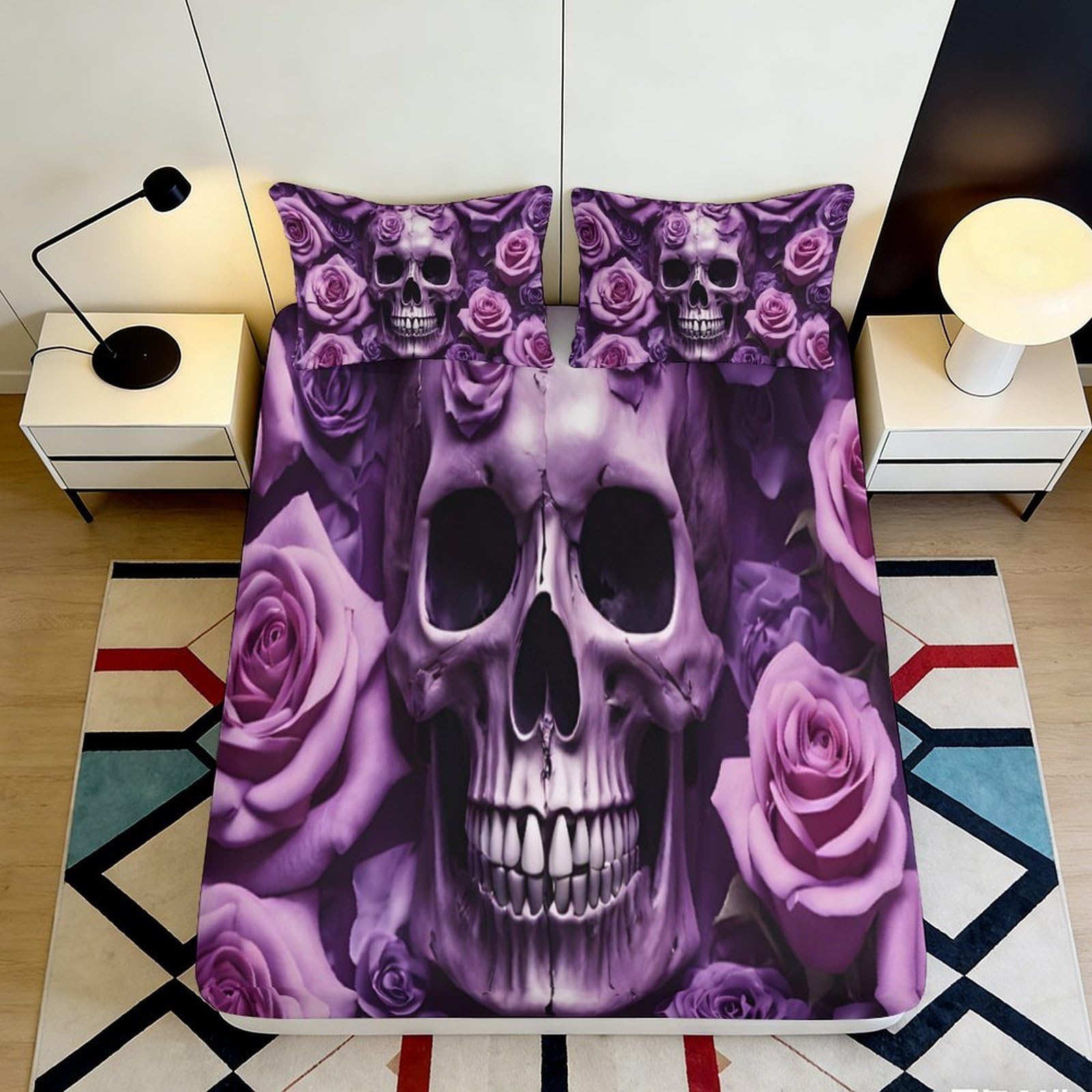 3D Printed Purple Skull Fitted Sheet Microfiber Floral Rose Bed Cover for Bedroom Guest Room Mattress Decor 90x200x25cm