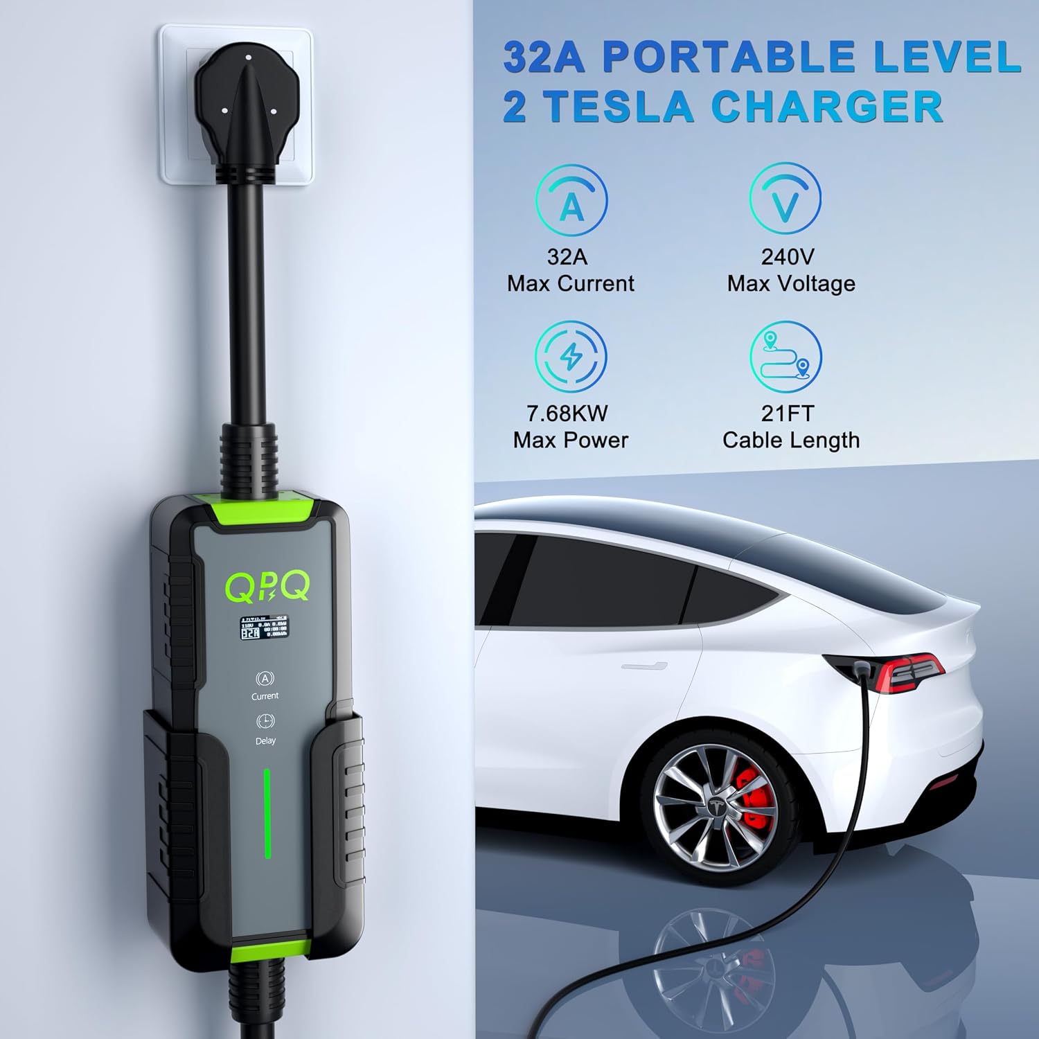 QPQ Level 2 Tesla Charger 32A, Portable Electric Car EV Charger for Tesla Models Y/X/3/S, 21FT Cable 240V NEMA 14-50 Plug, NACS Connector, 7.68KW Home EV Charging Station