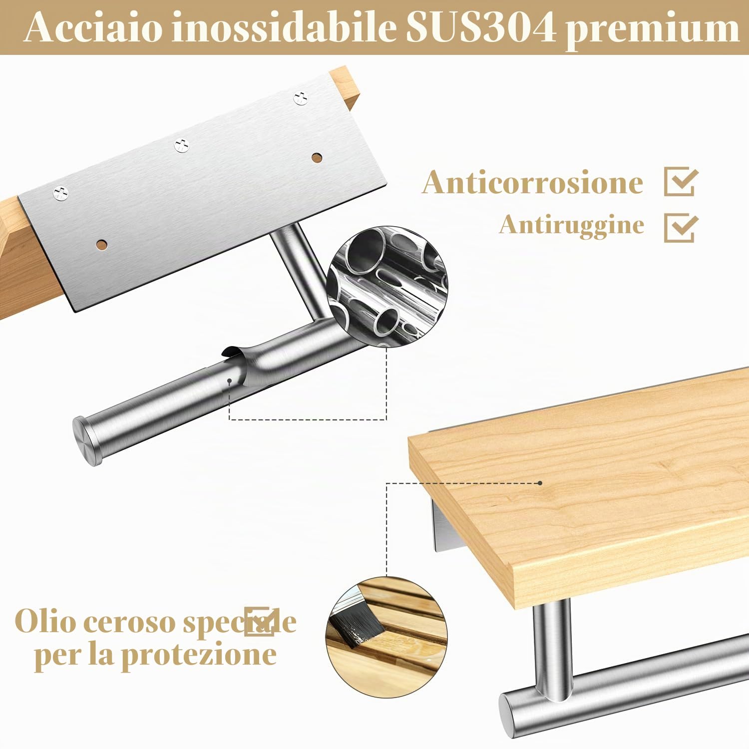 Tindbea Porta carta igienica con ripiano in legno, Porta rotolo carta igienica da parete in legno, Accessori bagno in acciaio inox nichelato spazzolato per la casa (Acero, nichel spazzolato)
