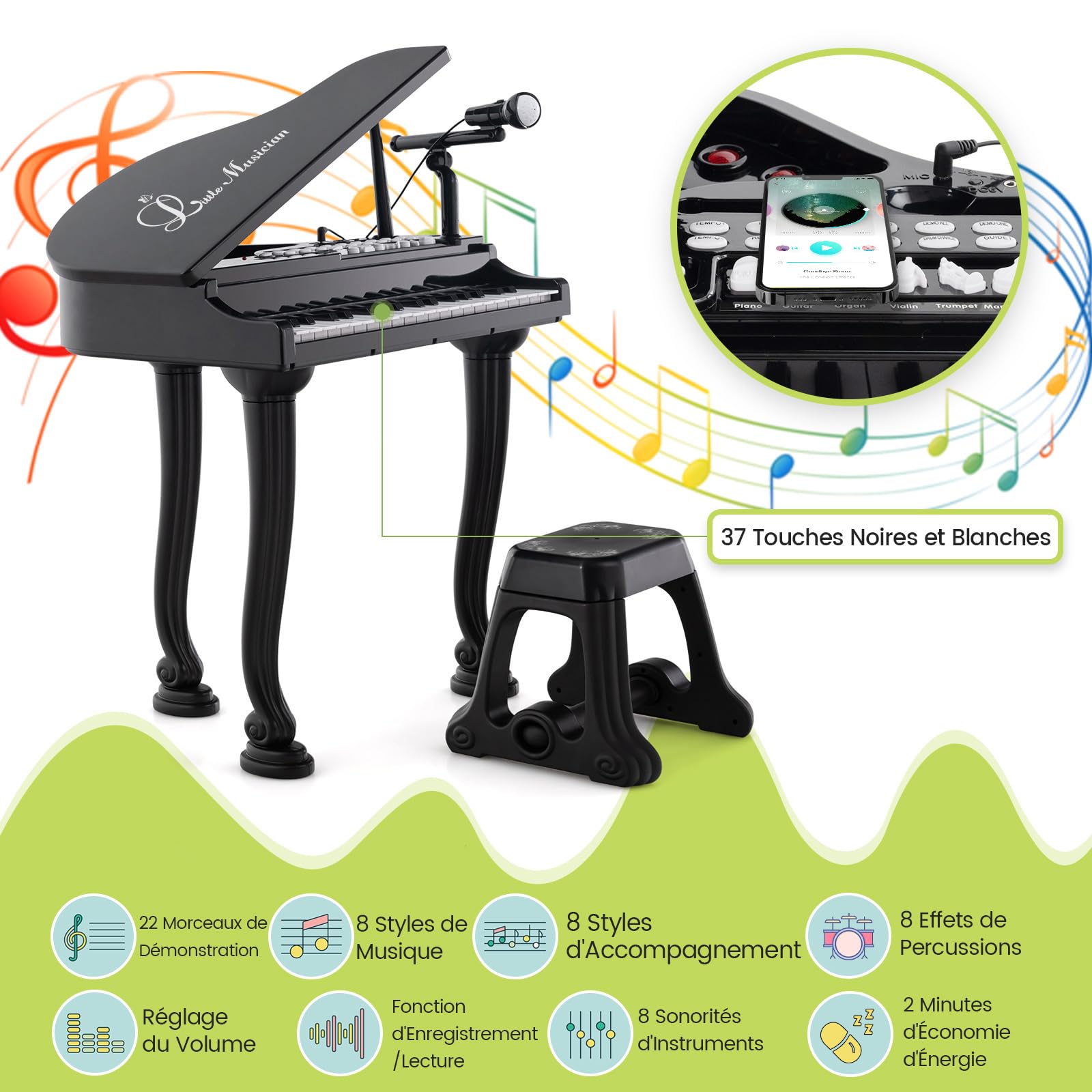 COSTWAY Piano Numérique 37 Touches pour Enfants avec Tabouret & Microphone, Piano Electronique Portable avec Mode d'Enseignement LED & MP3, Piano Enfants 3 Ans, Charge 50kg(37 Touches, Noir)