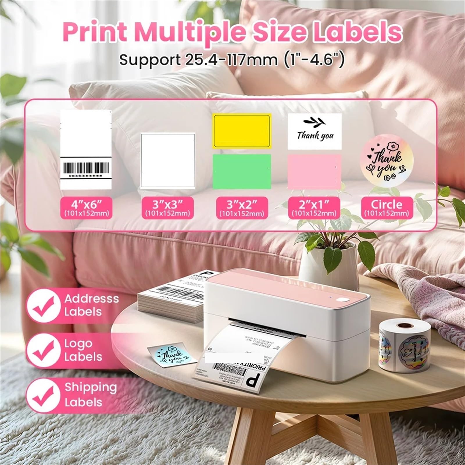Imprimante d'étiquettes Thermique Bluetooth Imprimante d'étiquettes sans Fil for Petites Entreprises,pour l'étiquette de Date de Texte(Pink)