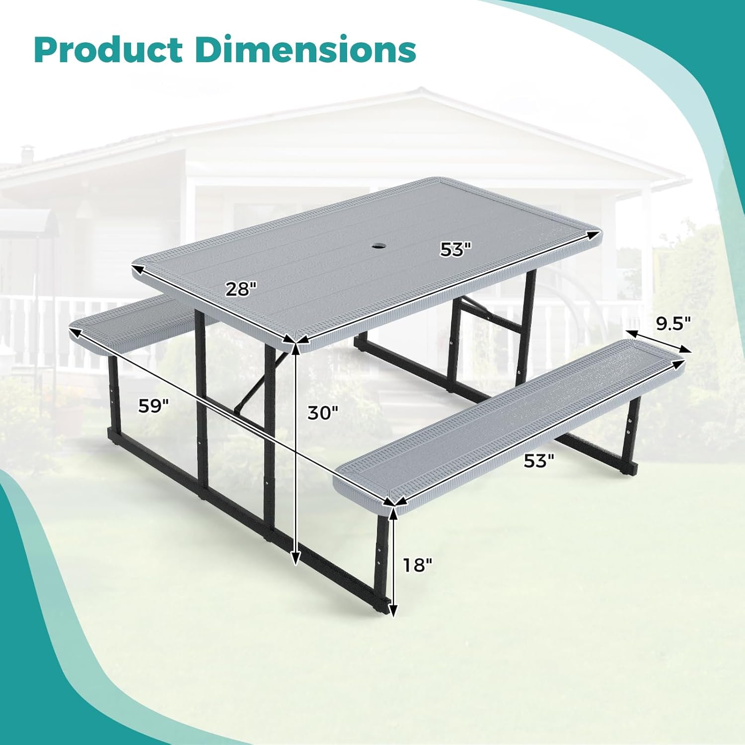 Byroce Outdoor Picnic Table for 4 Person, Rectangular Picnic Camping Table Set with Long Benches, Umbrella Hole & Metal Frame, Heavy Duty HDPE Dining Table Chairs for Patio, Yard & Poolside (Gray)