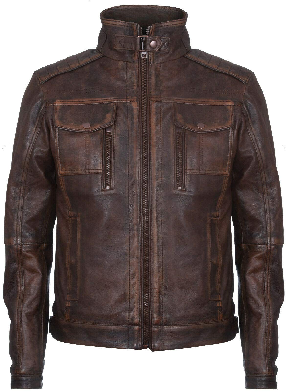 Infinity Leather Men's  Men Vintager Classic Brown Leather Biker Jacket-Southwick in Size 4XL, BrandAlley