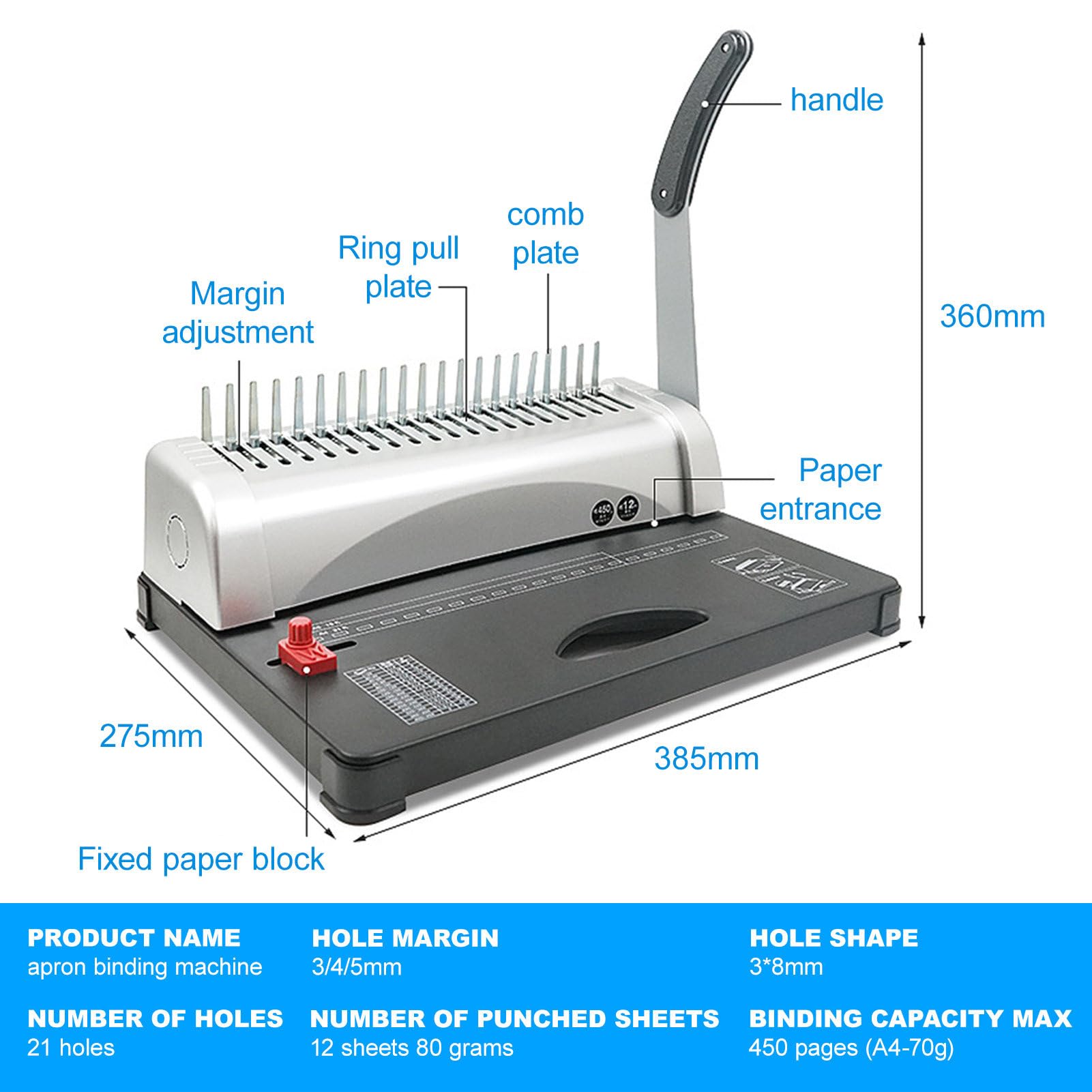 Relieuse à peigne et perforatrice de documents – Reliure 450 feuilles/perforatrices 12 feuilles, outil de reliure à 21 trous avec guide de bord réglable (3/4/5 mm) – pour documents format lettre, A4