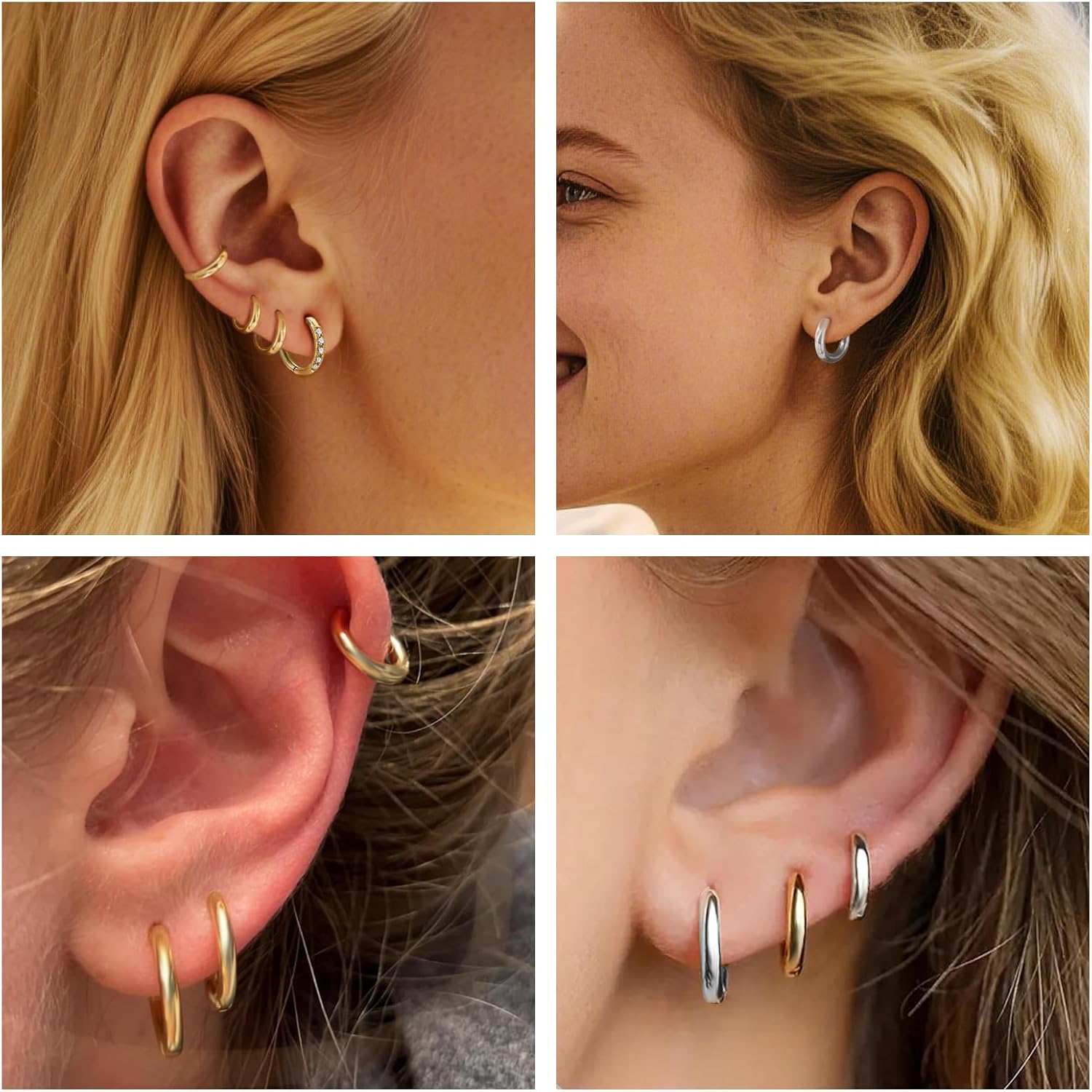 Huggie Gold Hoop Earrings - Small Hoop Earrings for Women 4 Pairs 18K Gold Plated 316L Surgical Steel Hypoallergenic Cubic Zirconia Earrings Set Jewelry Gift 10mm 12mm Silver - Image 3