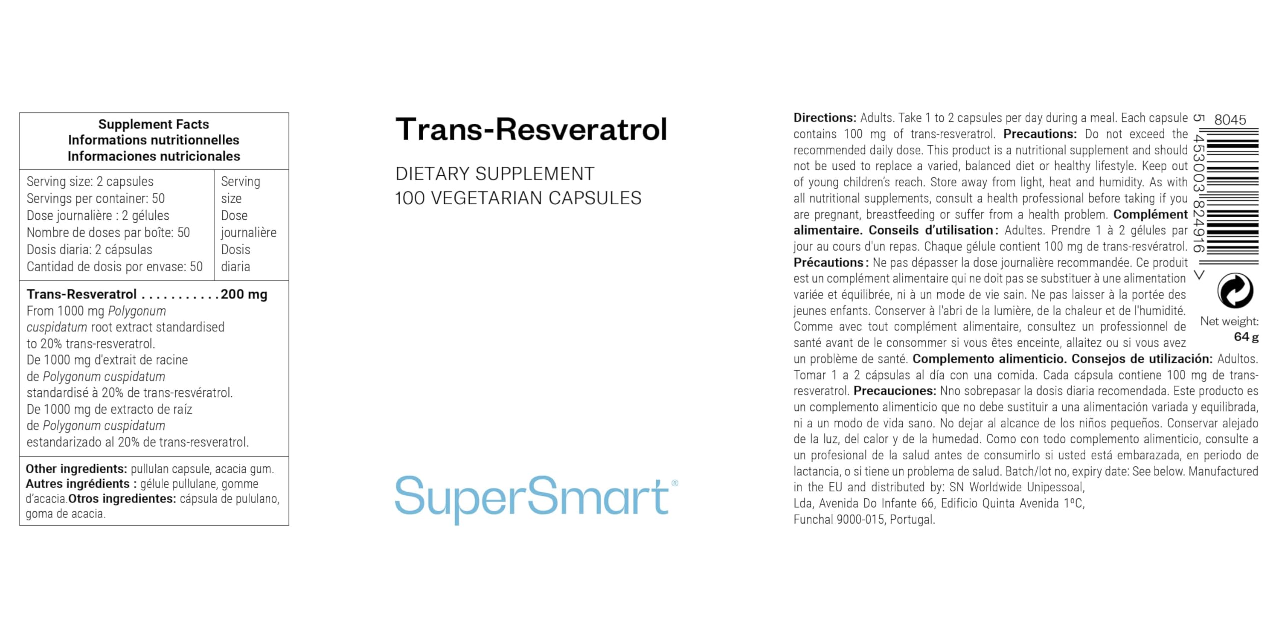 Trans-Resveratrol - Extrait de la Racine de Hu Zhang - Contribue à Lutter Contre le Stress Oxydatif et les Inflammations - Vegan - Sans Gluten - Supersmart