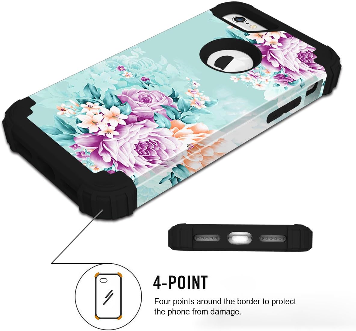 PIXIU Compatible with iPhone 6 6s case,Three Layer Heavy Duty Shockproof Protective Soft Silicone Hard Plastic Bumper Sturdy Case Cover for iPhone 6 6s 4.7 inch Flower