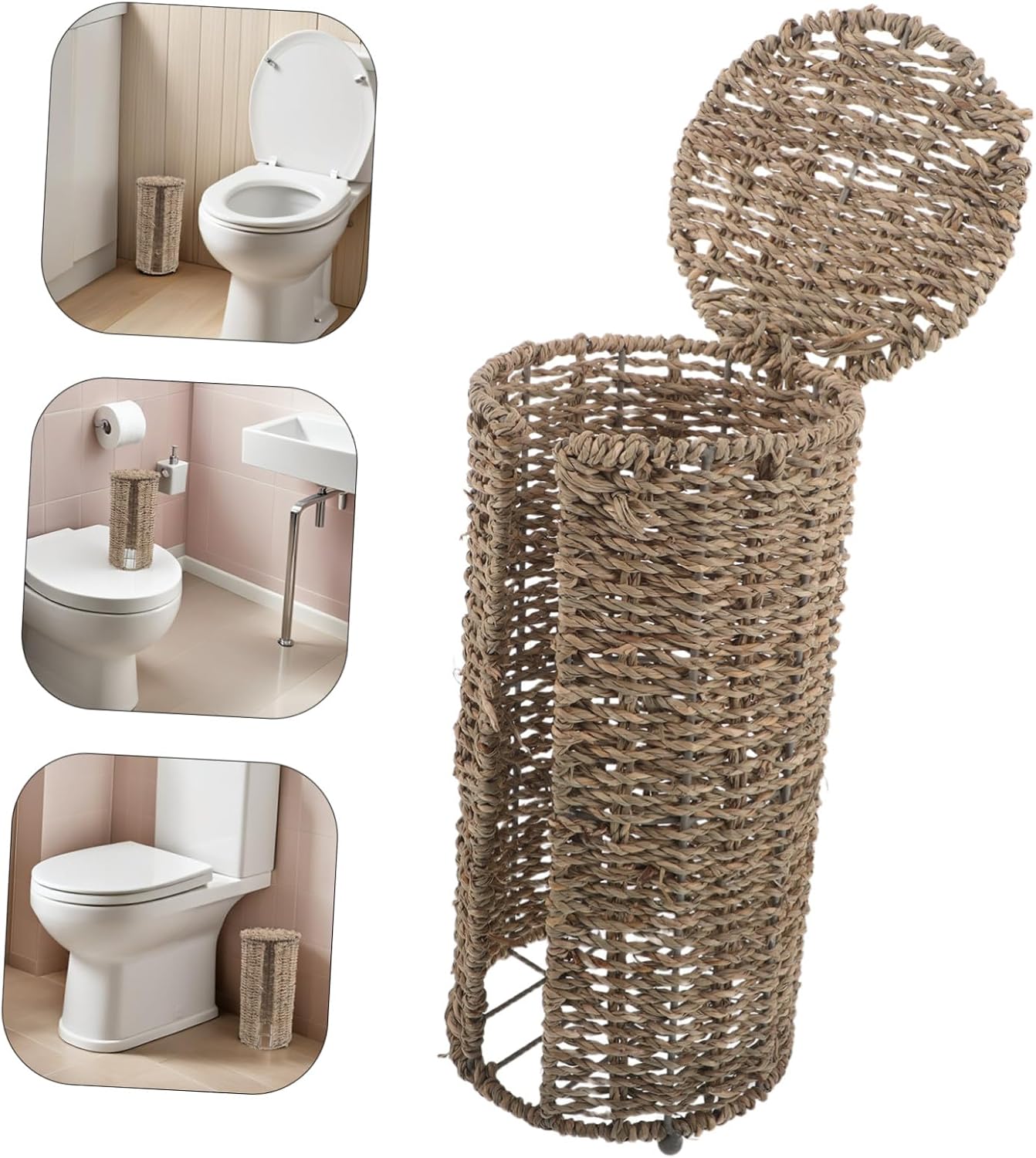 UKCOCO Toilet Paper Organizer Basket with Lid, Lightweight Rattan and Iron Storage Holder for Bathroom Countertop or Corner, Versatile Boho Style Basket for Small Bathroom Storage