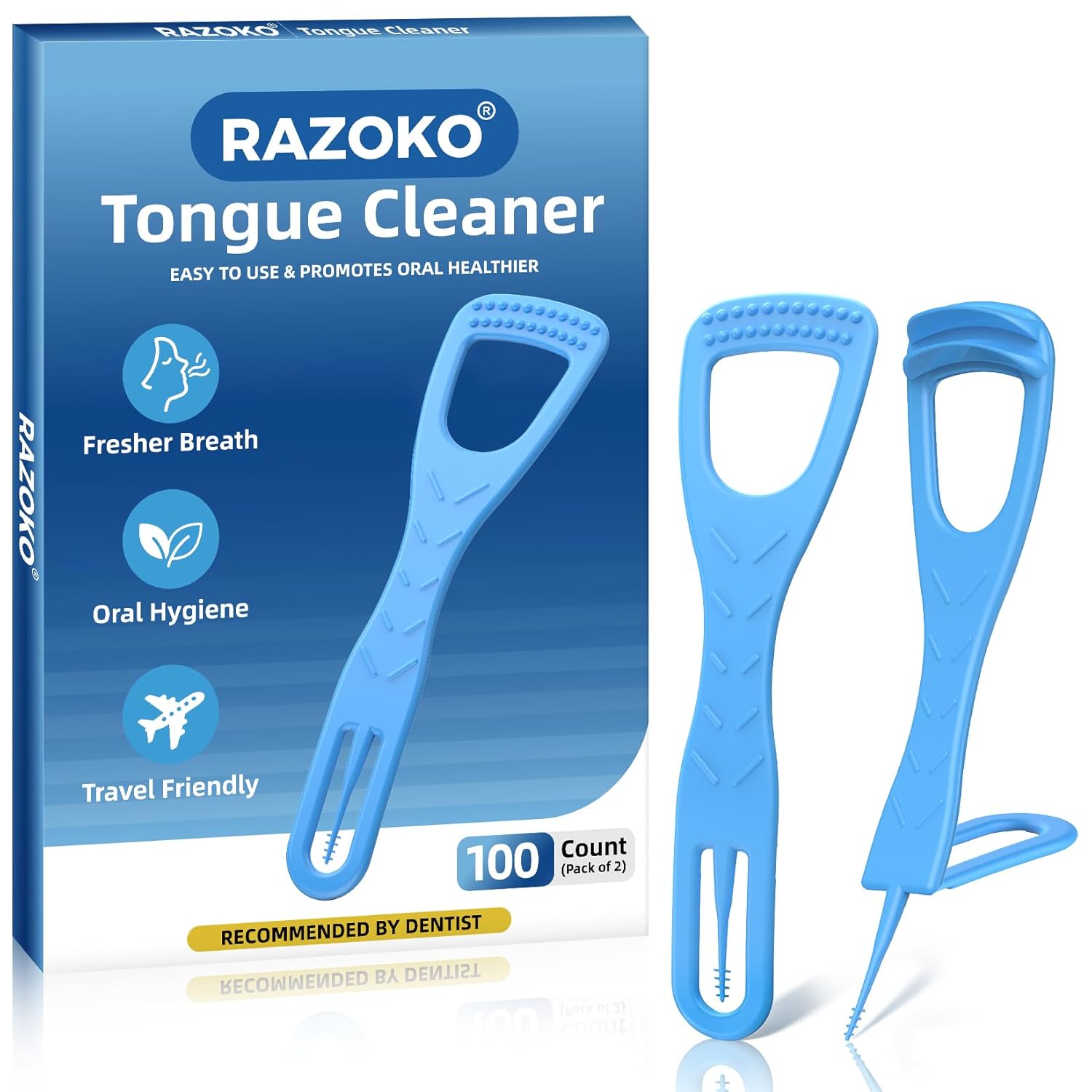 RAZOKO Tongue Cleaner with Safe Fold-Back Interdental Brush,100 Count BPA Free Disposable Tongue Scraper,Hygienic Scraper for Clean Tongue & Promote Fresh Breath (100 Count)