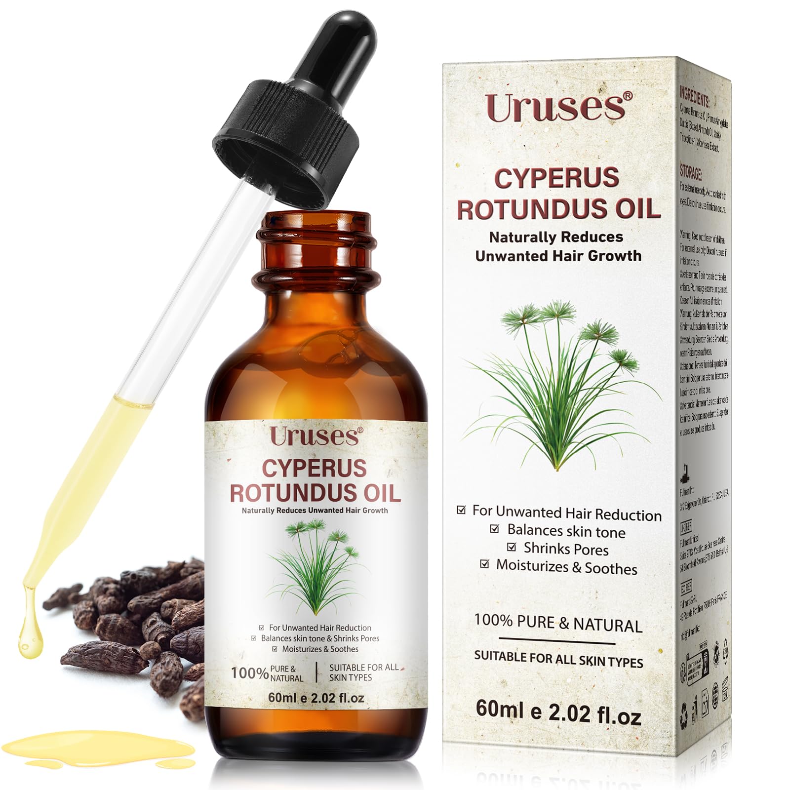 Huile Cyperus Rotundus, Huile Inhibitrice de Pilosité au Cyperus Rotundus 60ml | Réduit la Repousse, Répare la Peau & Resserre les Pores | 100% Naturelle, Vegan & Adaptée aux Peaux Sensibles
