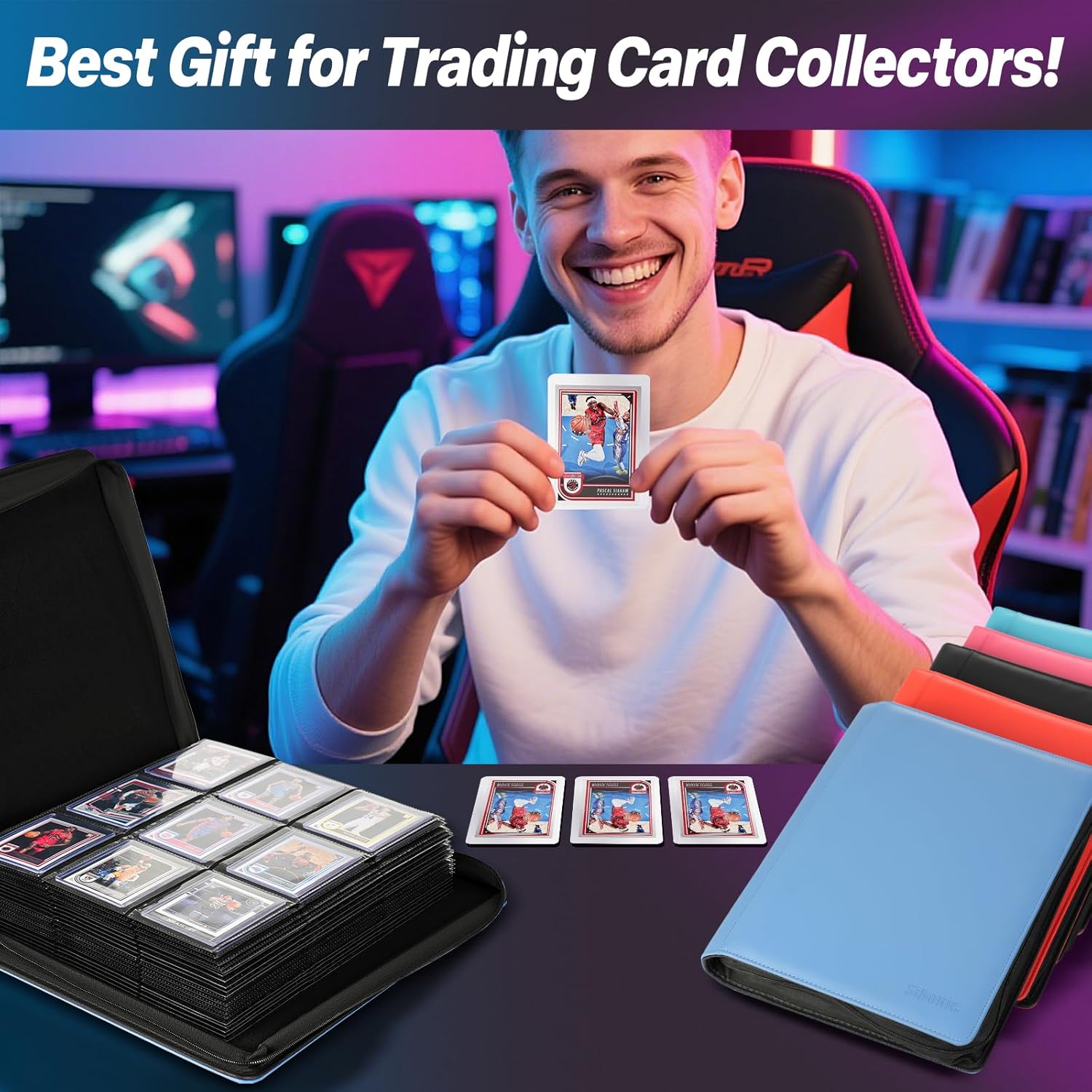 9 Pocket TopLoader Binder, Holds 360 3”x4” Toploader Hard Cases, Sleeves Card Collection Binder, 20 Double Sided Pages, Compatible with Trading & Sports Holder - Blue