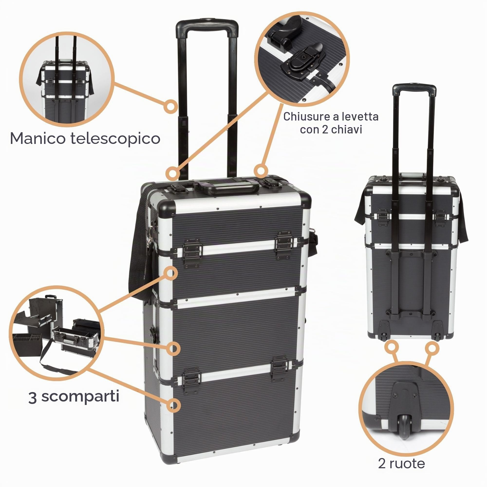 Perel Valigetta portautensili con ruote in alluminio nera, trolley con manico telescopico, 3 scomparti con organizer e vaschetta interna, chiusura a chiave con 2 chiavi, 370 x 225 x 670 mm, 66,9 l