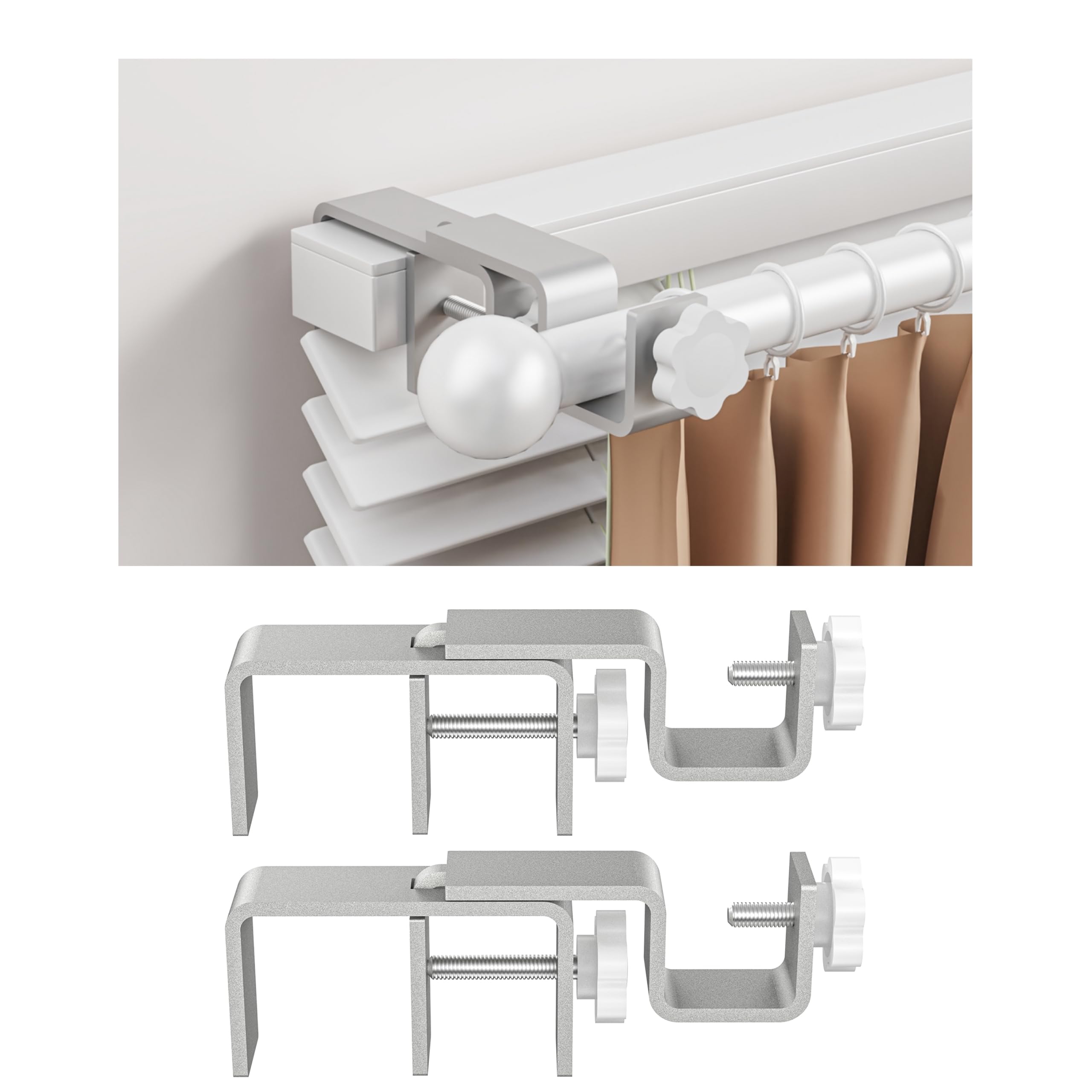 Over-Blinds Curtain Rod Brackets for Outside-Mounted Blinds, Blinds Curtain Rod Brackets for 1.3–2” Rectangular Headrails, Tool-Free No-Drill Installation for Apartments, Rentals Set of 2 (Silver)