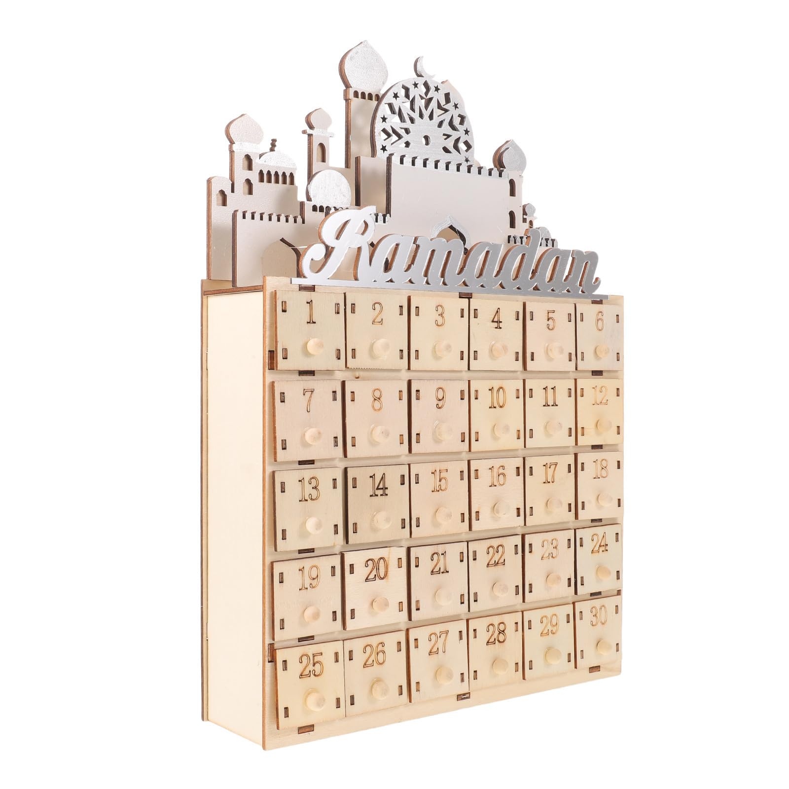STOBAZA Islamischer Adventskalender mit 30 Kleiner Schubladen und LED Beleuchtung Ramadan Countdown Dekoration für Wohnzimmer und Schlafzimmer zur Familienbindung