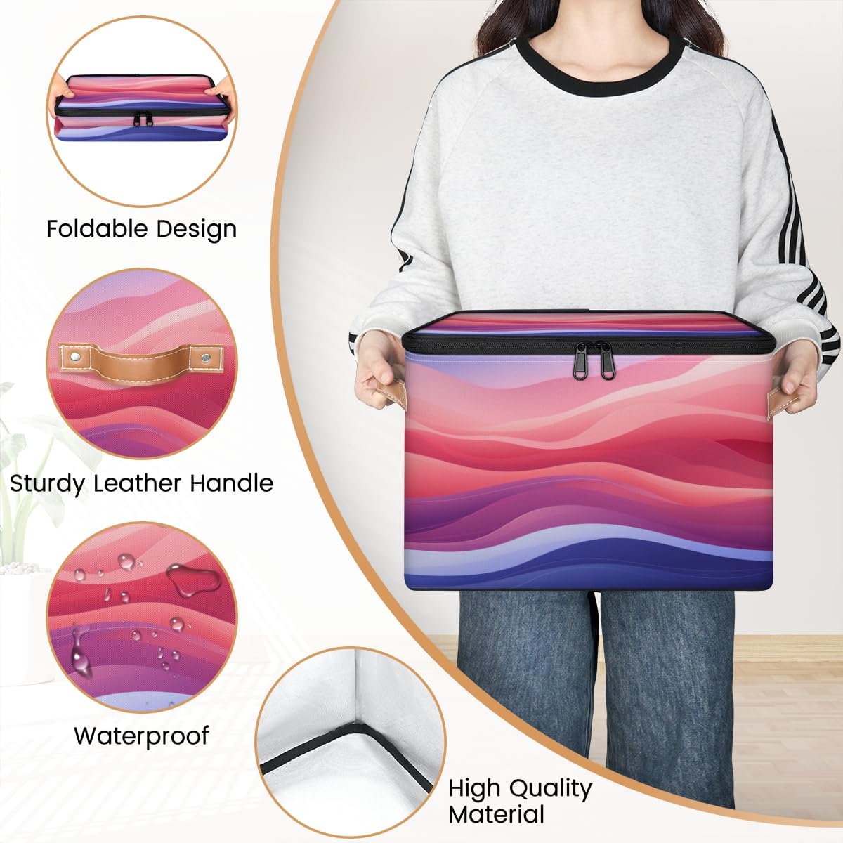 Storage Bin Set of 2 Abstract Stripes Storage Basket with Zipper Lid & Handle Foldable Closet Shelf 2 Pack Cloth Organizer Basket Cube Bins Clothes Organizer for Nursery, Bedroom