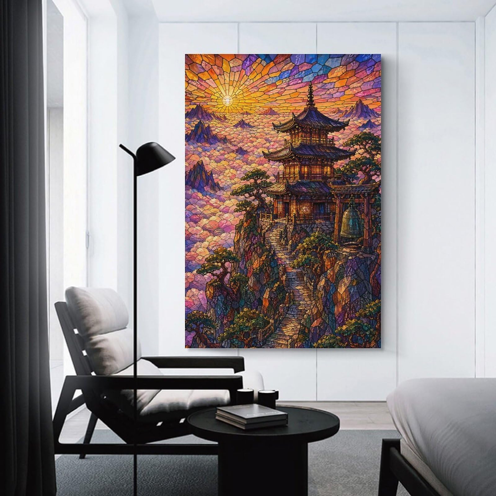 Junmoney Stained Glass Pagoda Above Clouds Hanging Wall Art 20x30inch(50x75cm), for Study, Office Or Focused Interiors, Wall Art That Adds Style to Work Areas
