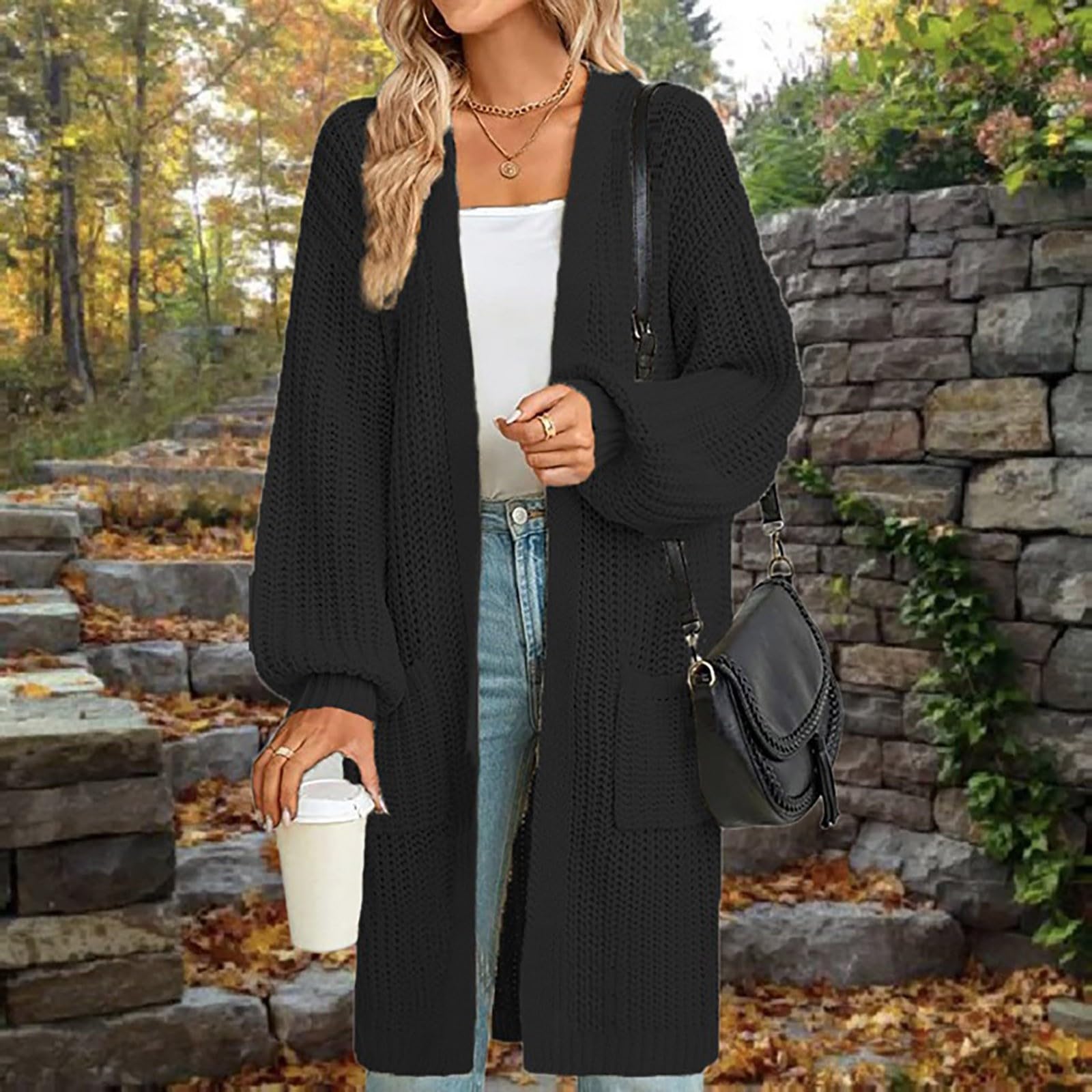Femme Hiver Cardigan Long Tricot Veste Ouvert Épais Manches Longues Pull Gilet Chaud Capuche Manteau Sweater Chandail Outwear Pullover Confortable Manteau De Couleur Unie
