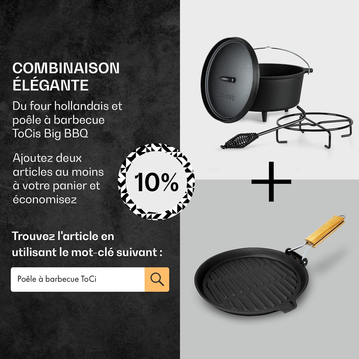 Cocotte en Fonte Pré-assaisonnée 7.2L avec Couvercle, Faitout pour Camping et Barbecue