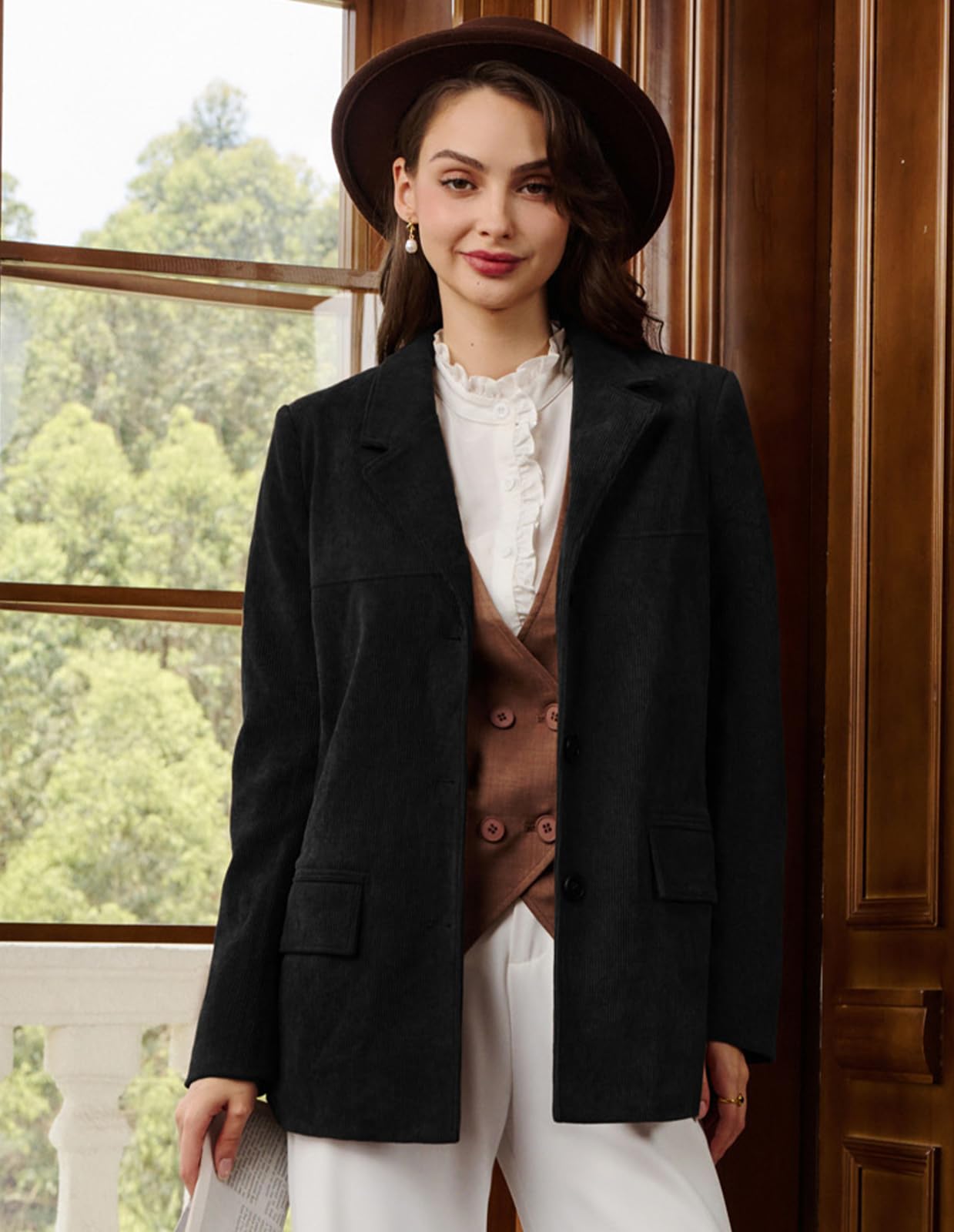 Belle Poque Blazer d'hiver en velours côtelé à manches longues avec revers cranté pour femme, idéal pour le travail, le bureau