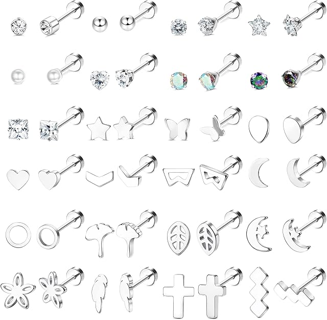 LOLIAS 24 Pairs Stainless Steel Stud Earrings Set for Women Men 20G Ball Round CZ Moon Cross Heart Star Flat Back Earrings Tiny Cartilage Stud Earrings for Women Men