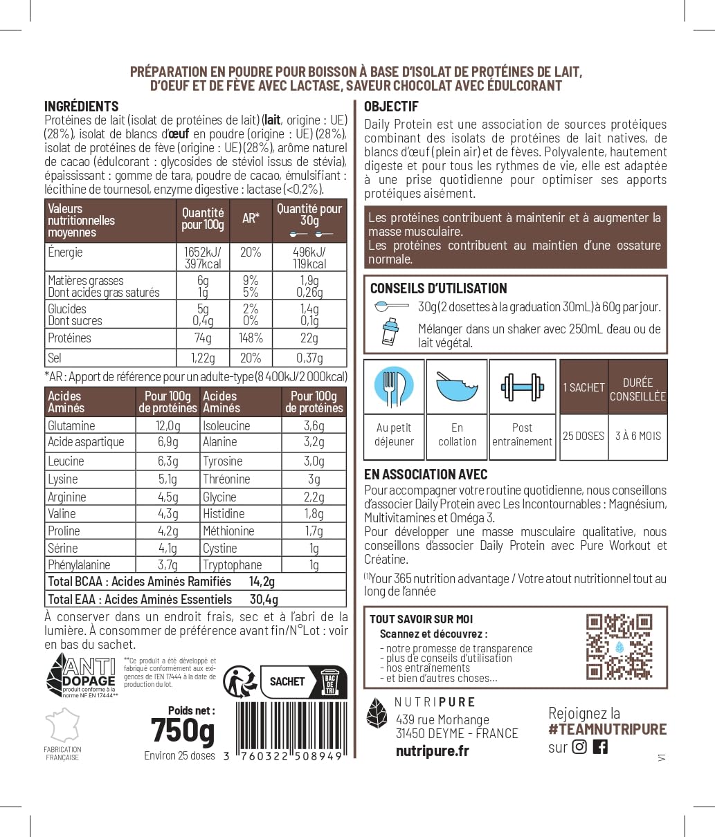 Nutripure - Daily Protein - Sachet 750G, Arôme - Chocolat