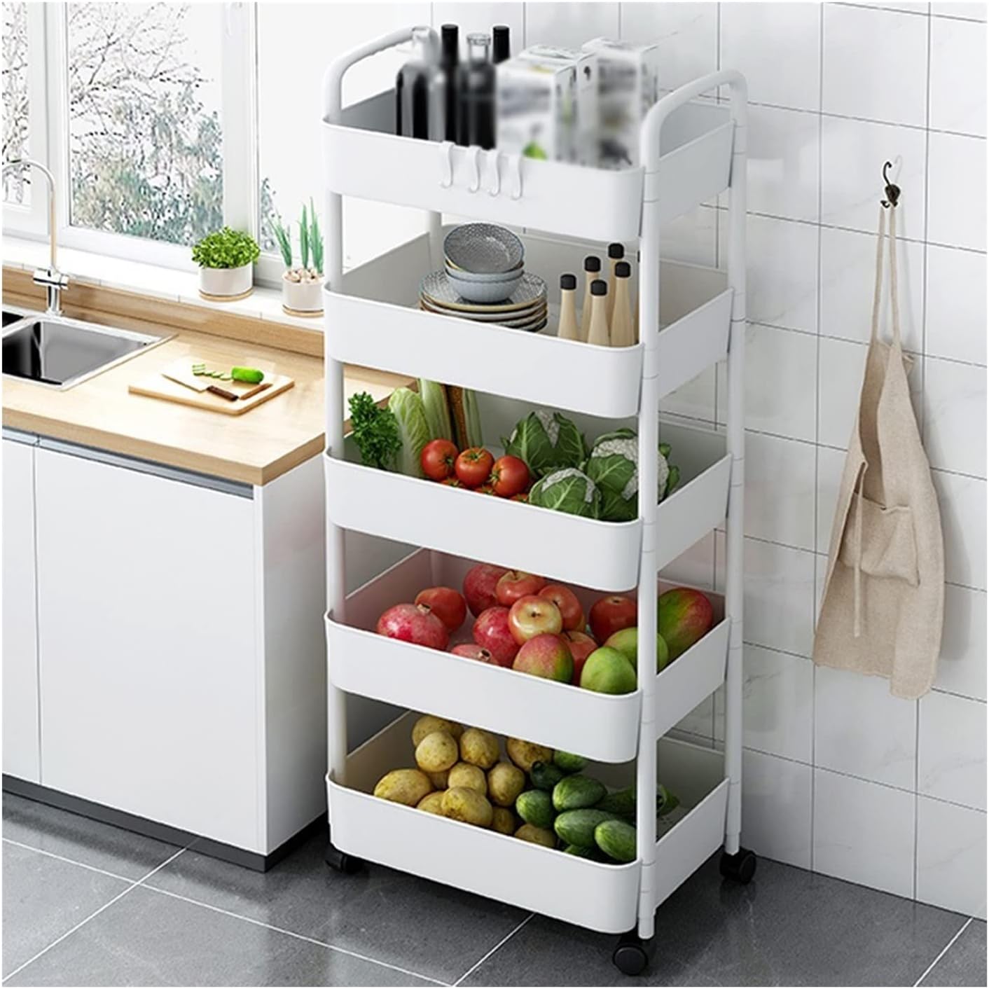 キッチン収納ラック プラスチックトロリーラックキッチン肥厚多層床果物と野菜ラック仕上げラック狭いスリットモバイル収納ラック オーガナ