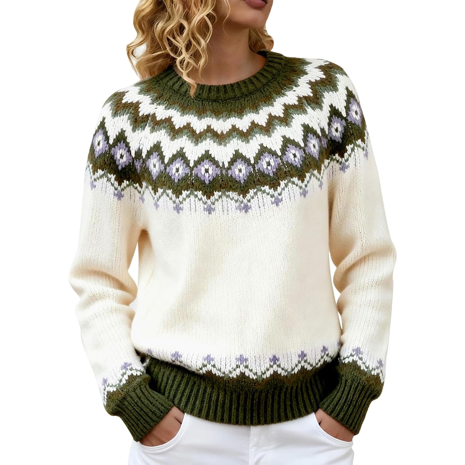 Fair Isle Sweater for Women Cotton Cozy Knit Pullover Boho Argyle Vintage Crewneck Long Sleeve Oversized Sweaters Top