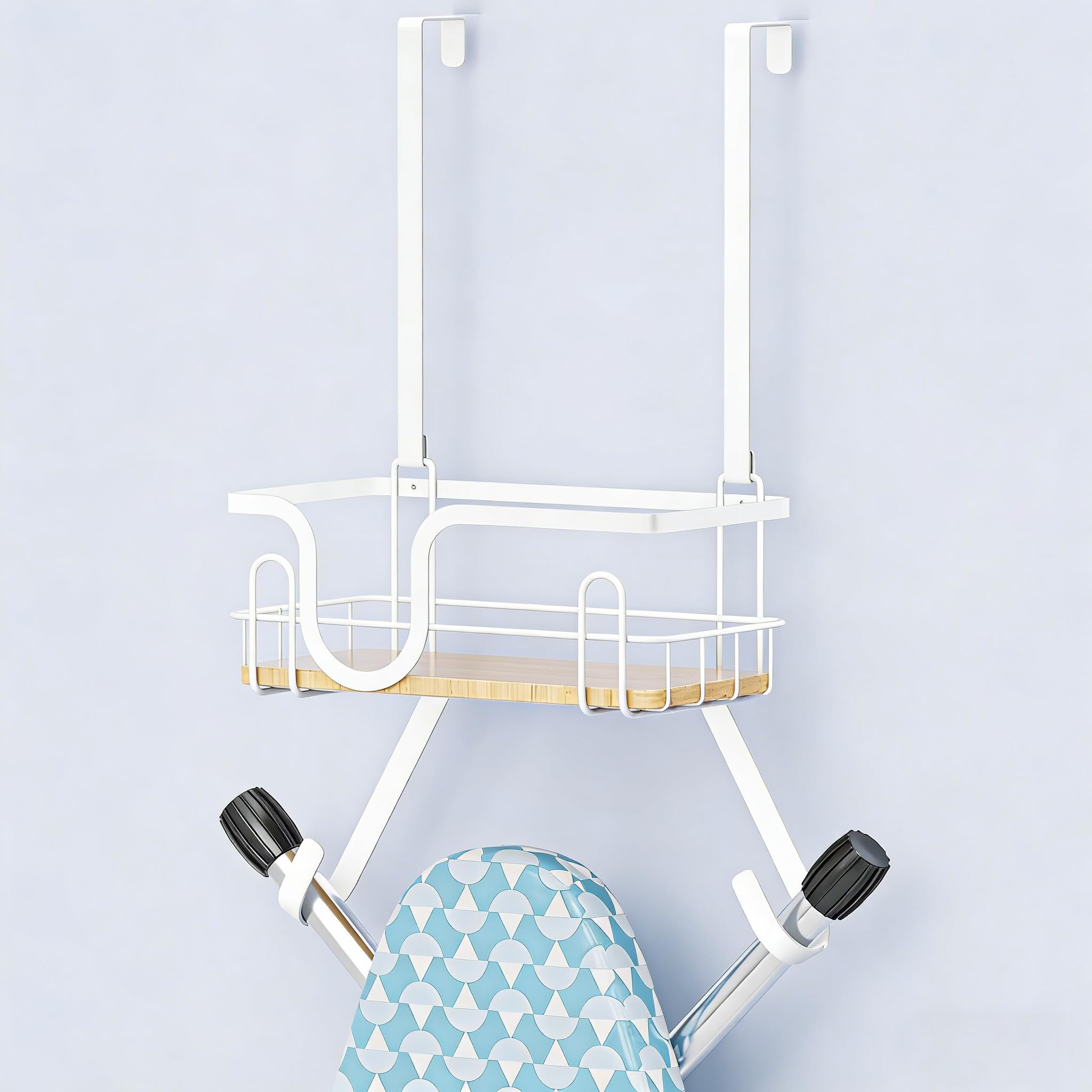 XILIMEN Wall Mount/Over The Door Ironing Board Hanger with Large Storage Basket & Removable Hooks, Iron and Ironing Board Holder Storage for Laundry Room (White)