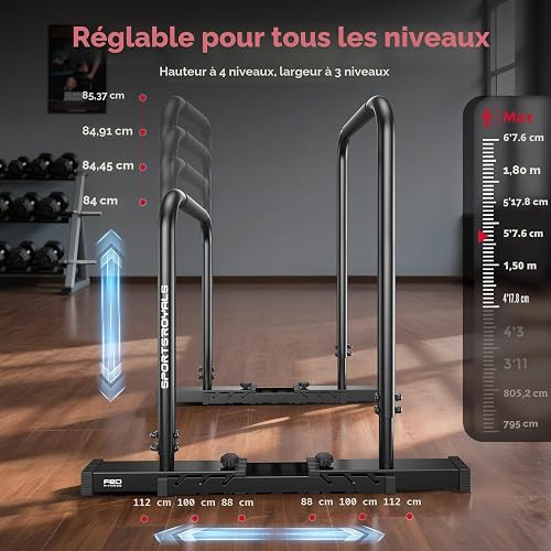 Sportsroyals Adjustable Dip Bar Station, Heavy Duty Parallette & Parallel Bars, 400LBS Stable Dip Stands for Home Gym, Calisthenics & Upper Body Workout Equipment - 6