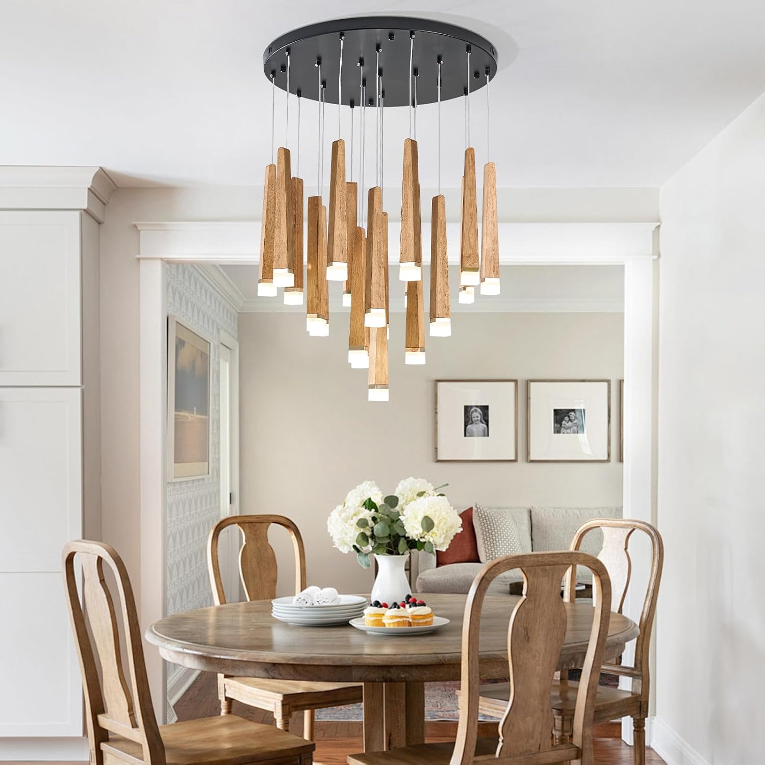 20-Light Farmhouse Wood LED Chandelier, Rustic Wood Strip Hanging Pendant Lights with Black Metal Adjustable Height, Perfect for Kitchen Island & Dining Room