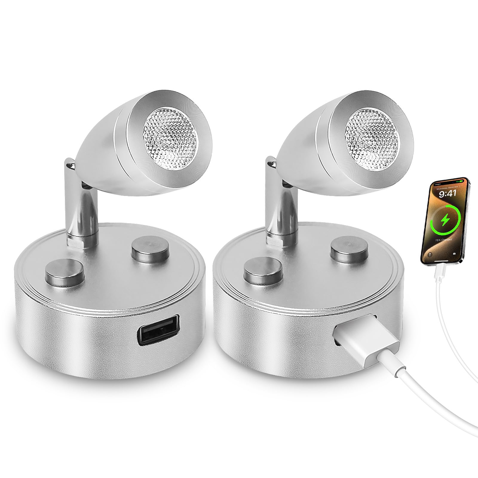 Lampe LED 12V pour Camping Car avec Port USB et Interrupteur Tactile, Spot de Lecture LED 12V Lumière Chaude 3000K, Lampe de Lecture 12 V Dimmable pour Caravane, Bateau et Yacht, Lot de 2