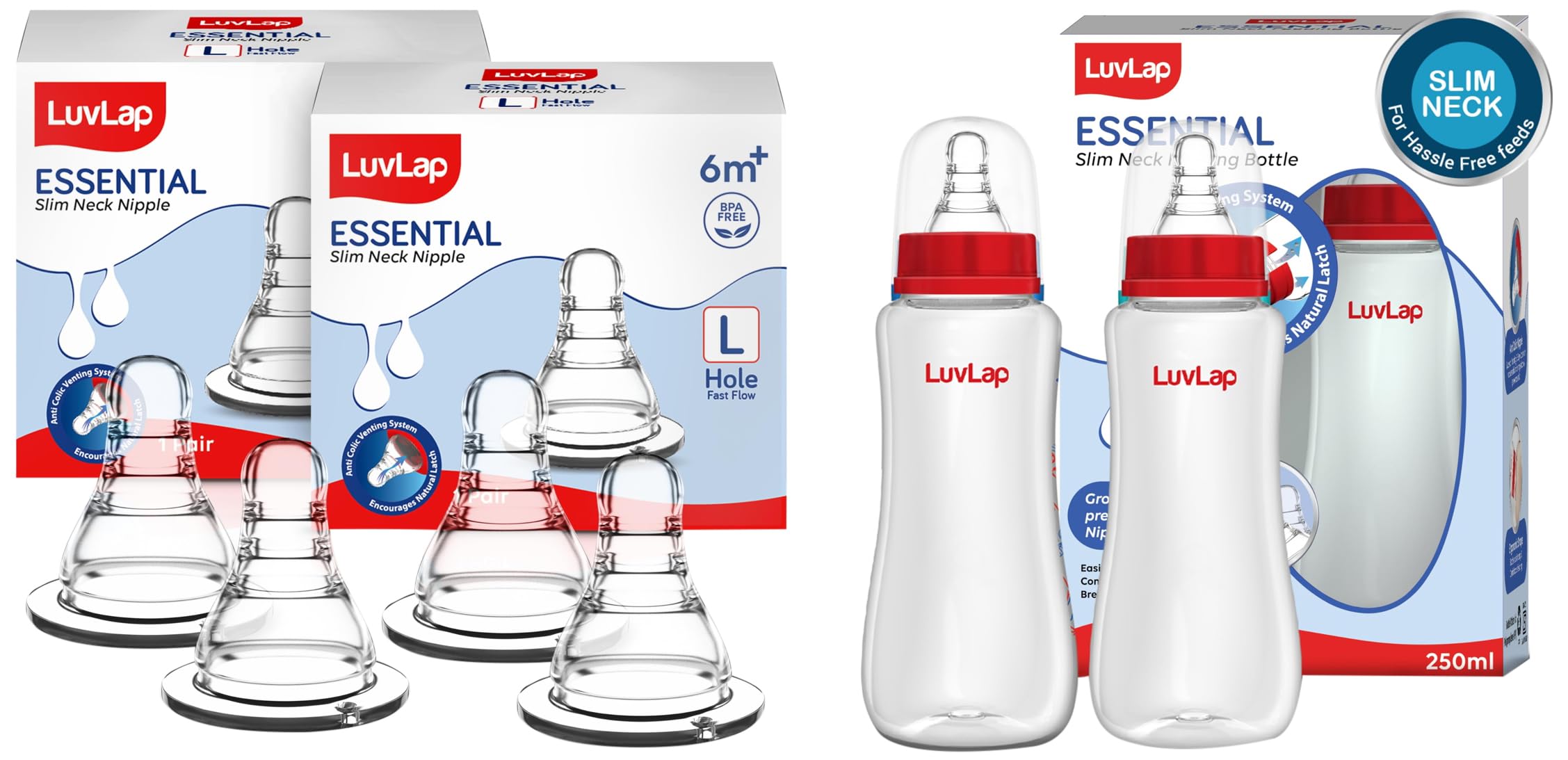LuvLap Anti-Colic Slim Neck Feeding Bottle (250ml x 2) and Anti-Colic Essential Teat Fast Flow (4pcs) 6m+ BPA Free-image-20