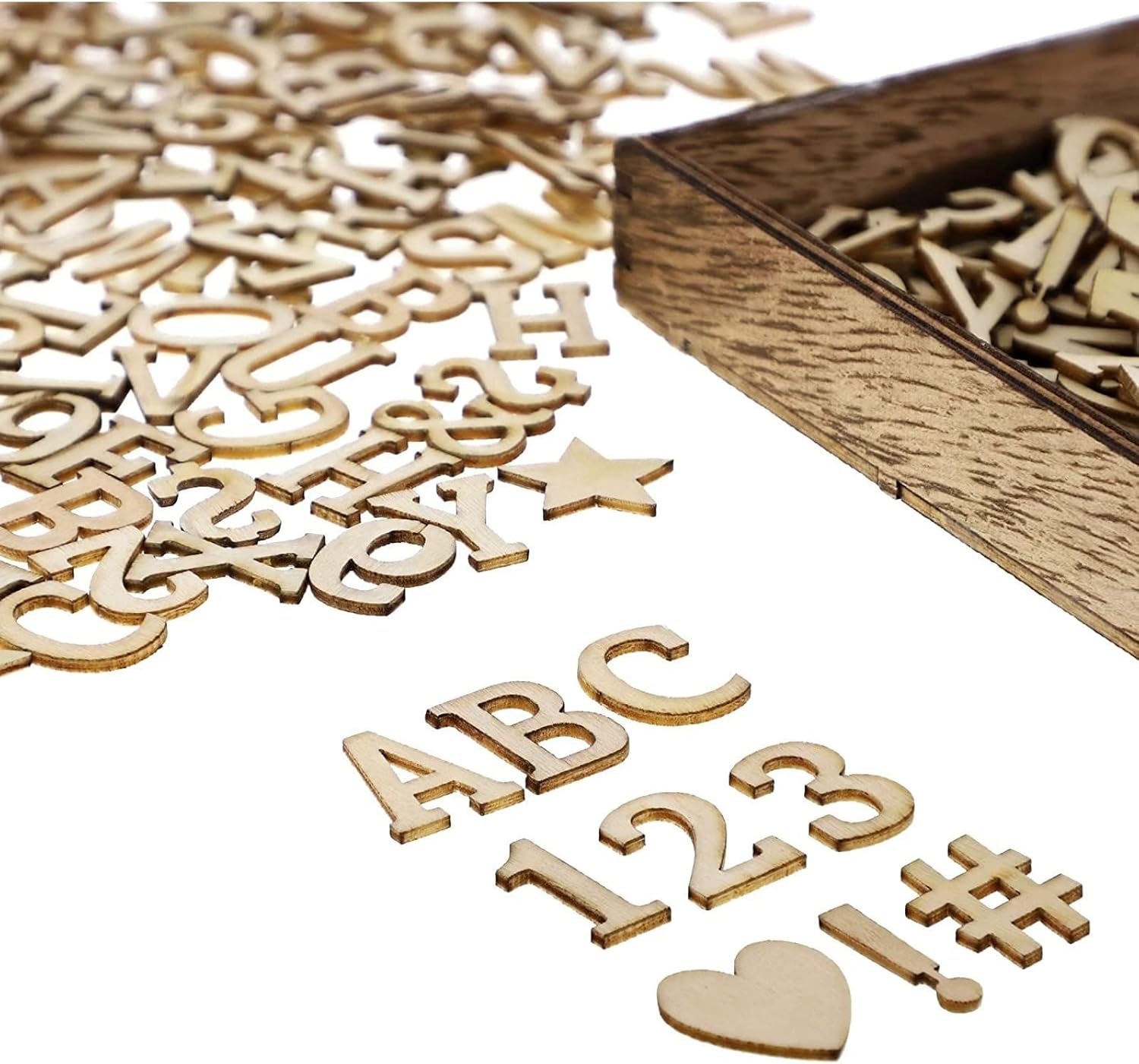 Bright Creations Wooden Numbers for Crafts & Alphabet Letters Display Box Kit - 6.8 x 6.8 x 0.9 In - 9 Sets A-Z, 3 Sets 0-9 & 2 Symbol Cutouts - Poplar Wood Craft Letters for Shadow Box