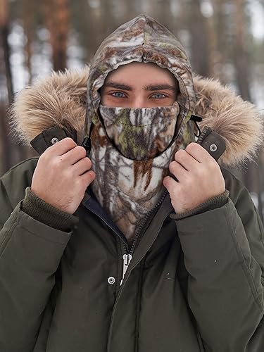 Miniatura 4 de 3 piezas de pasamontañas camuflaje para caza, máscara facial Sherpa con capucha, cubierta facial resistente al viento para clima frío, deportes de
